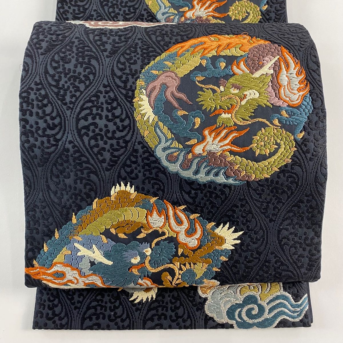 袋帯 龍 雲文 唐織 金銀糸 黒 六通 正絹