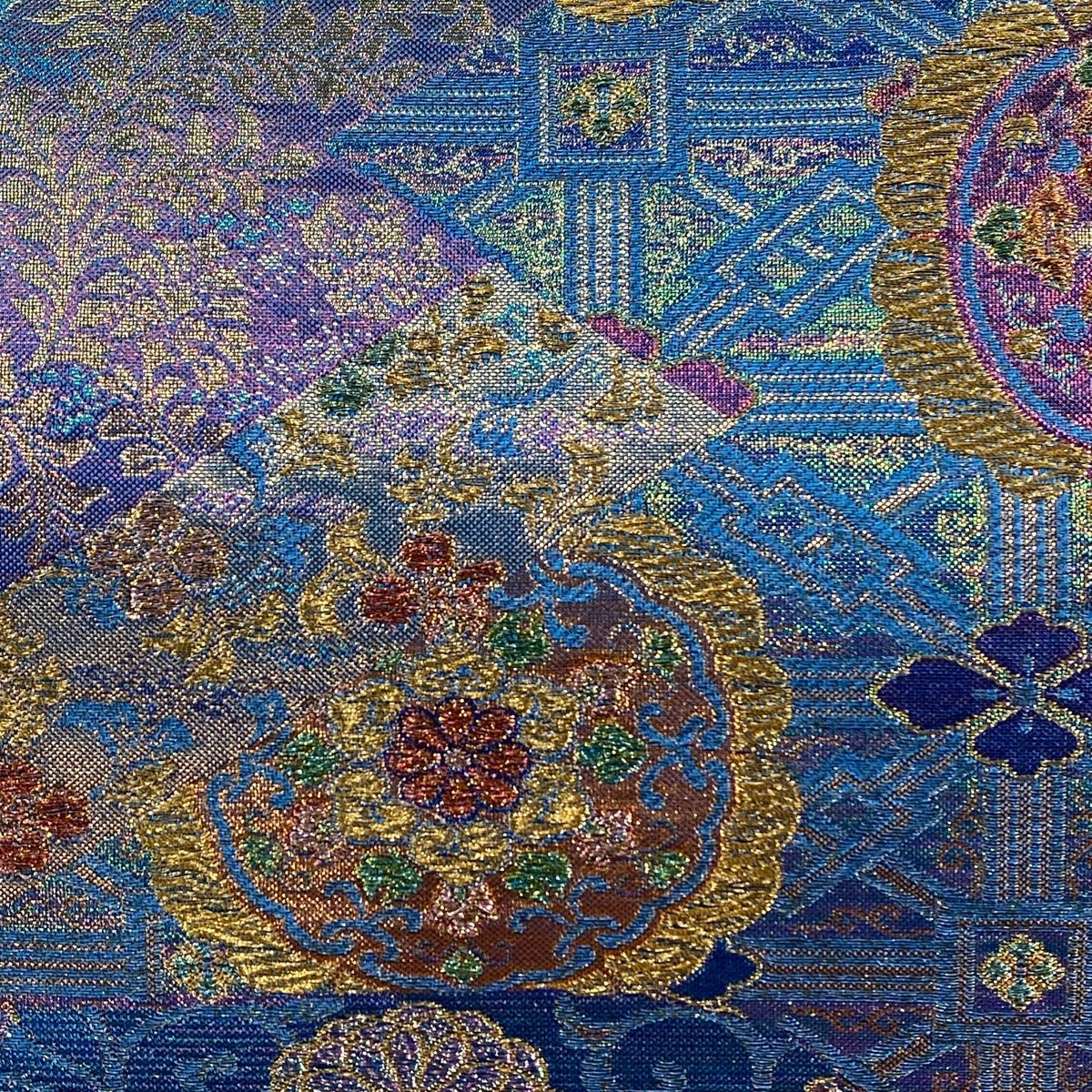 袋帯 関西仕立て 華文 裂取り 箔 金糸 青緑 六通 正絹