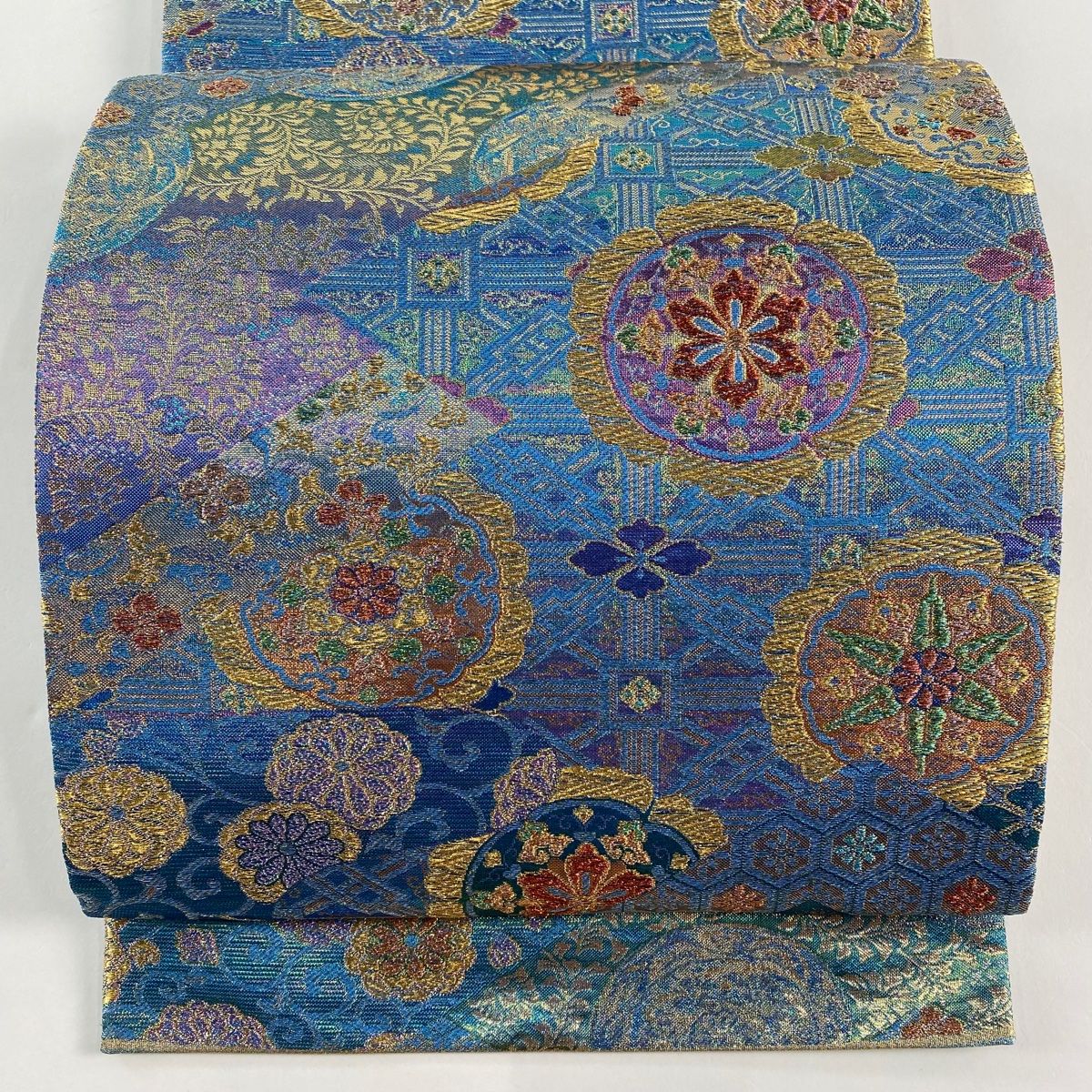 袋帯 関西仕立て 華文 裂取り 箔 金糸 青緑 六通 正絹