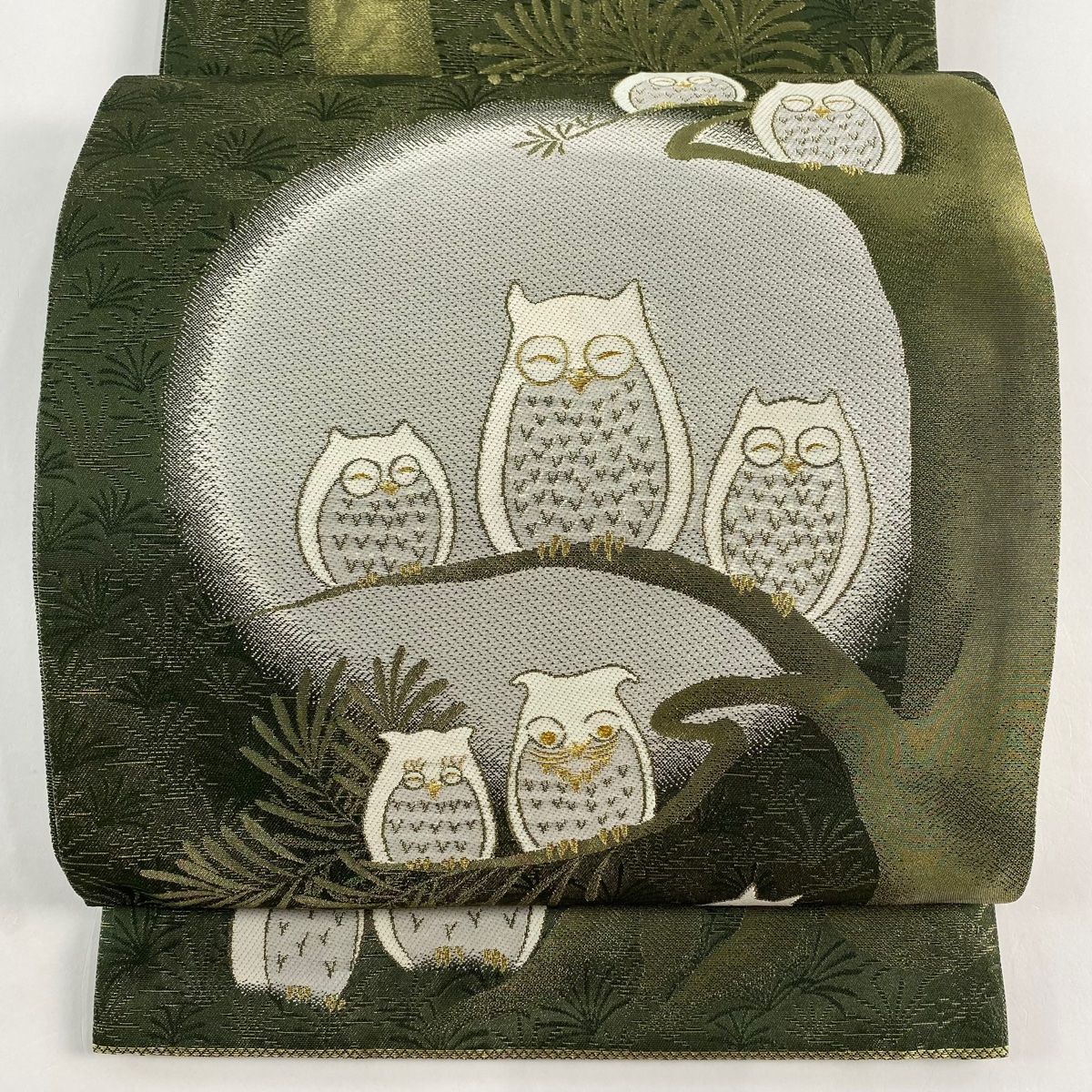 袋帯 フクロウ 樹木 金糸 箔 深緑 お太鼓柄 正絹