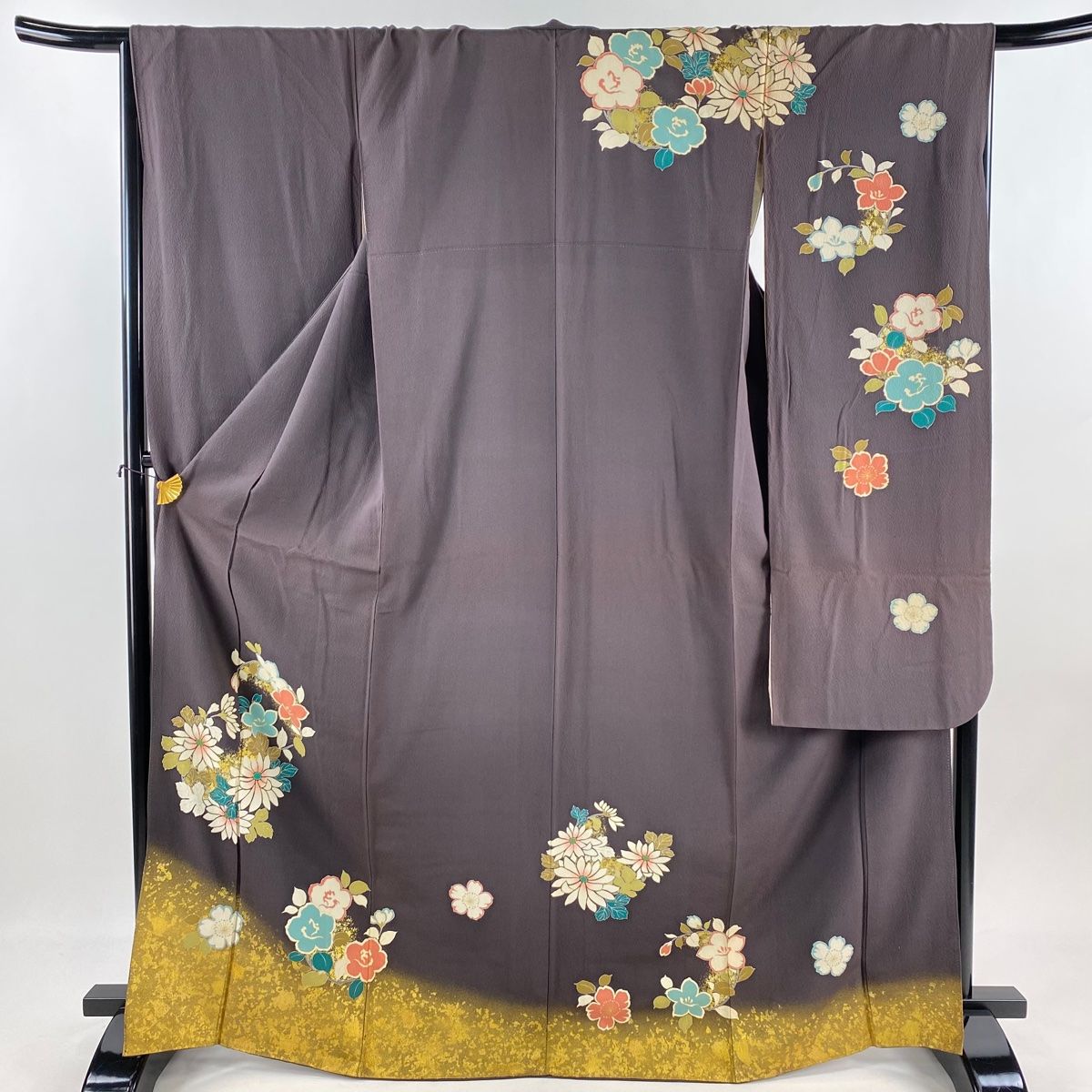 振袖 身丈168.5cm 裄丈67.5cm L 袷 花丸文 菊 金彩 茶紫 正絹 秀品