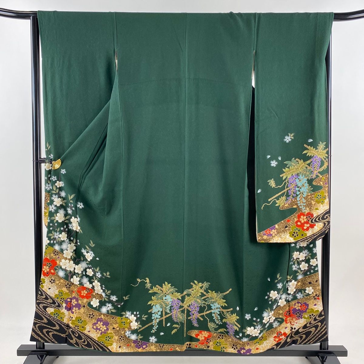 振袖 身丈157cm 裄丈66cm M 袷 やまと 桜 流水 金銀彩 染め分け 深緑 正絹 秀品