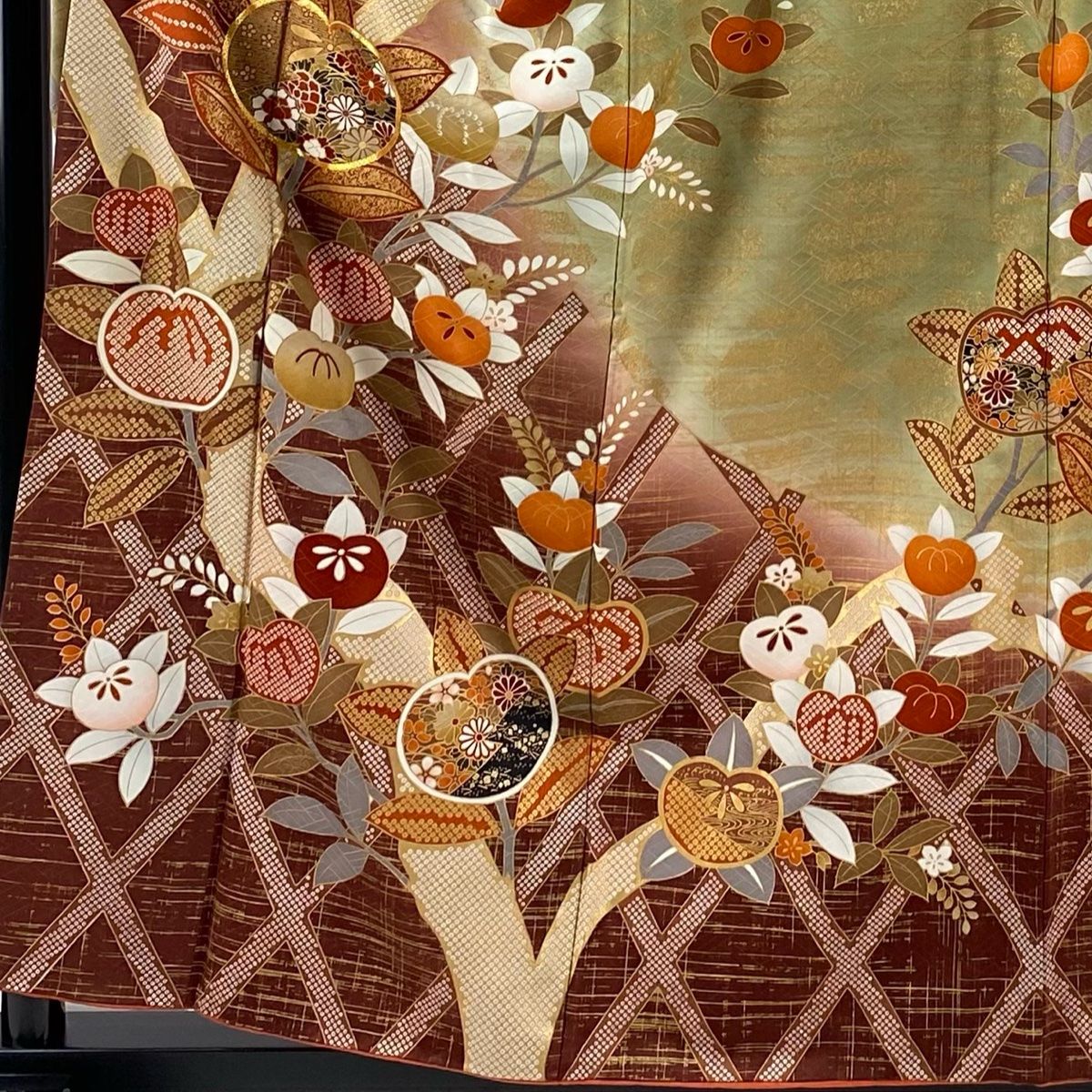 振袖 身丈158cm 裄丈63cm S 袷 橘 菊 金糸 金彩 小豆色 正絹 秀品