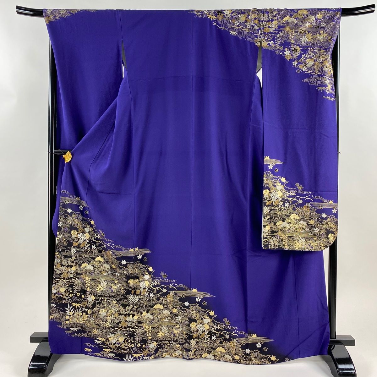 振袖 身丈166cm 裄丈67.5cm L 袷 草花 波 金彩 染め分け 紫 正絹 秀品