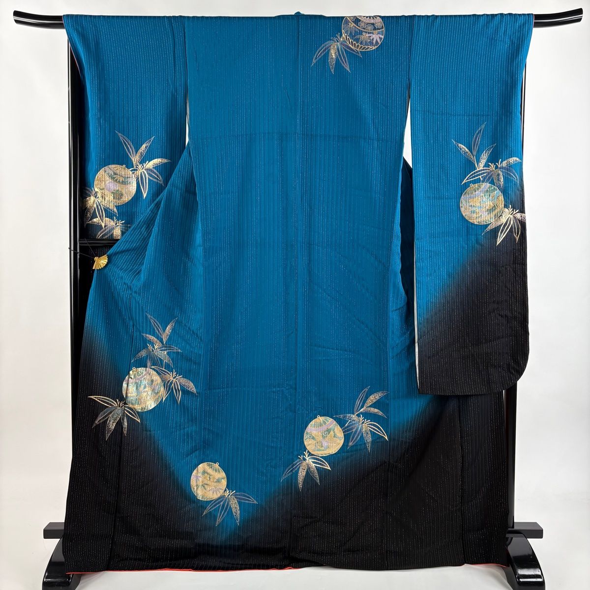 振袖 身丈170cm 裄丈67.5cm L 袷 やまと 笹 鈴 箔 金彩 青緑 正絹 秀品