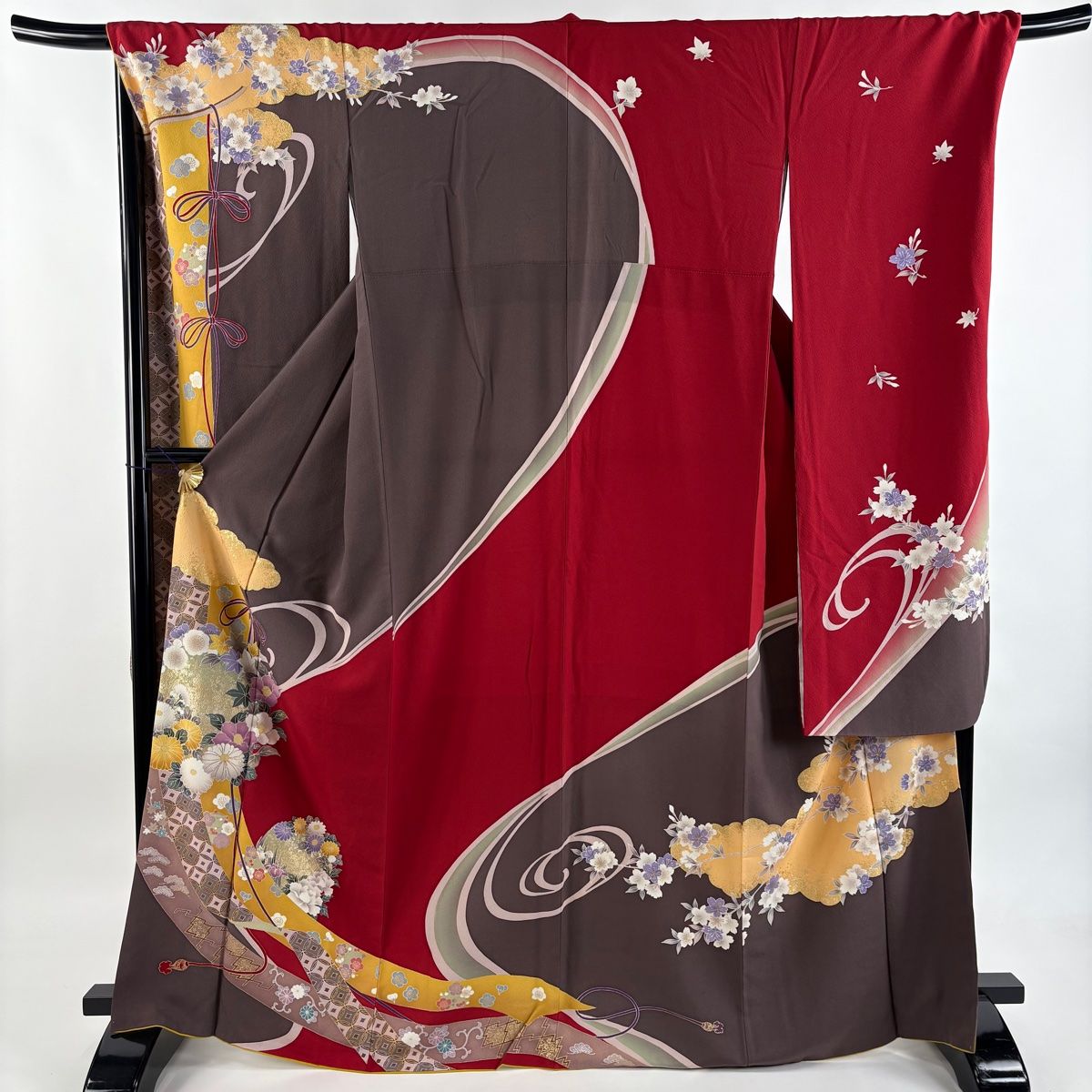 振袖 身丈167cm 裄丈71cm L 袷 花丸文 七宝 箔 金彩 赤 正絹 秀品