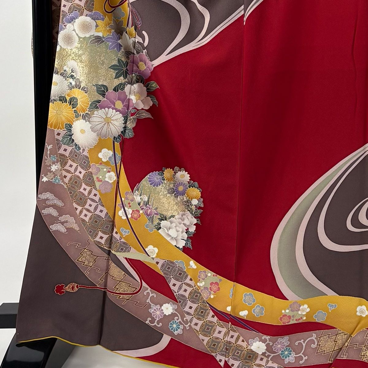 振袖 身丈167cm 裄丈71cm L 袷 花丸文 七宝 箔 金彩 赤 正絹 秀品