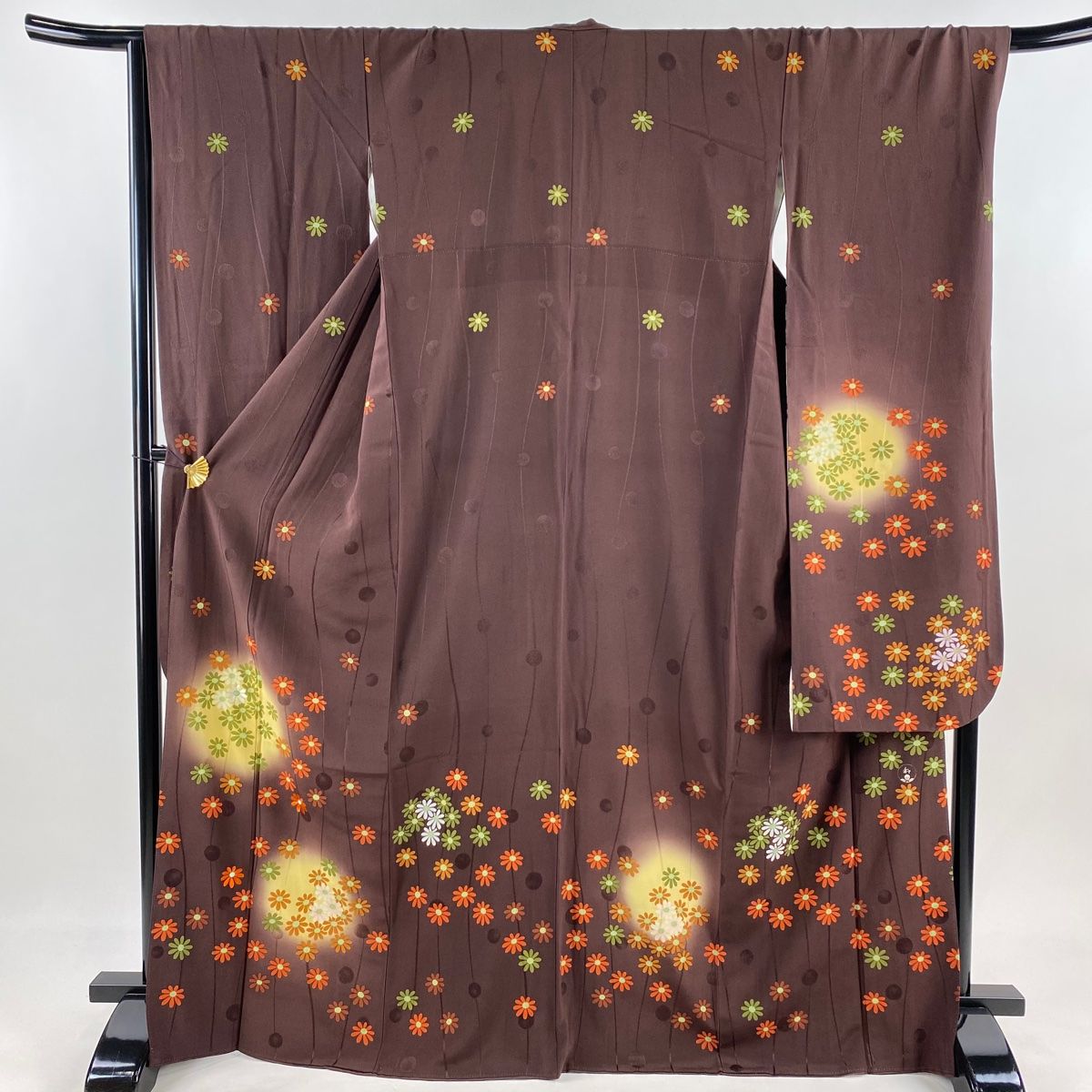 振袖 身丈169 5 cm 裄丈67 L 袷 花 地紋 金彩 ぼかし 焦茶色 正絹 秀品