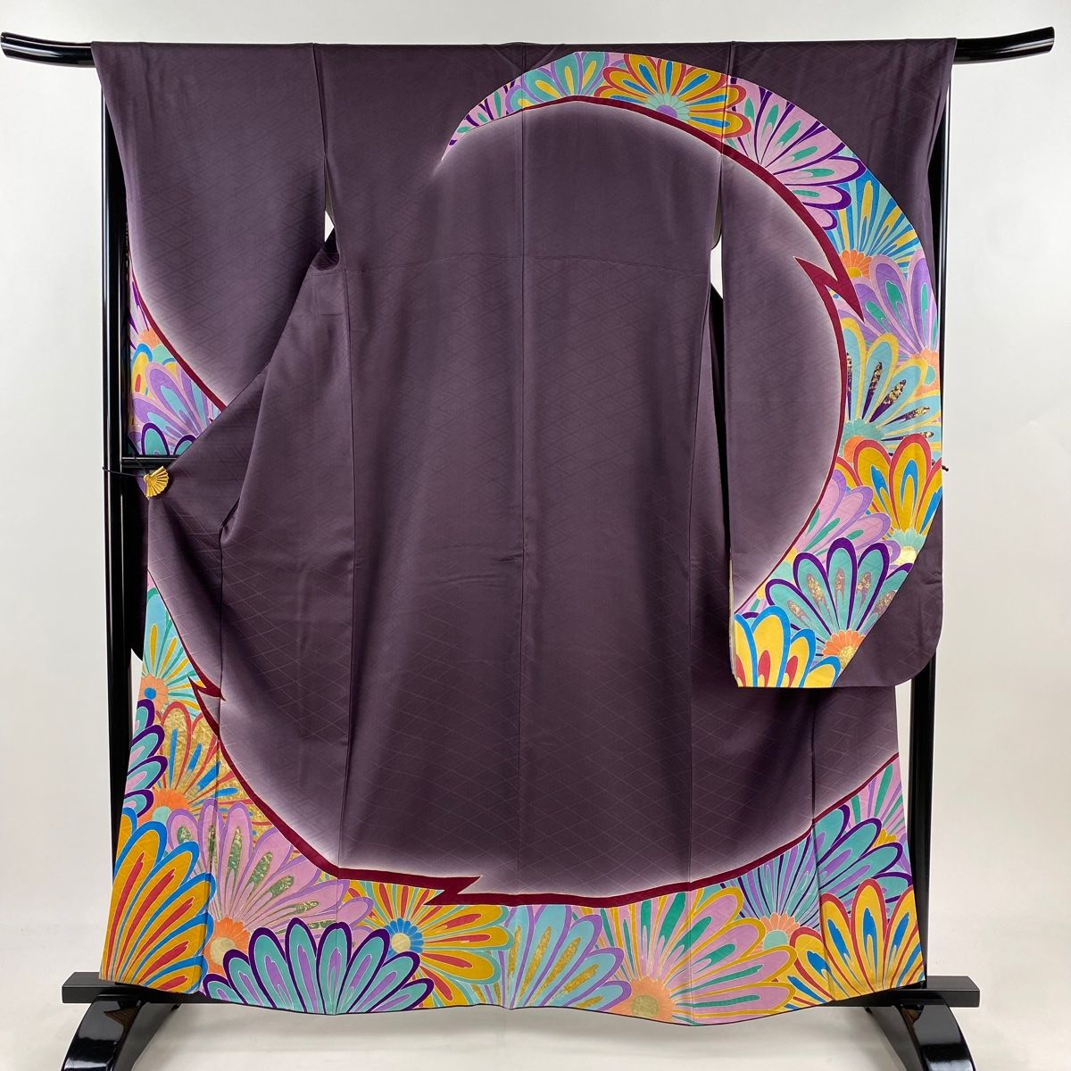 振袖 身丈160.5cm 裄丈67cm M 袷 花 地紋 金糸 金彩 灰紫 正絹 秀品