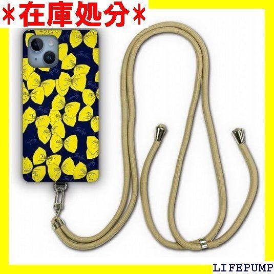 ス ScoLar デザイン iPhone14 ケース スマホショルダー アイフォン14 スマホケース ショルダーストラップ ショルダーケース スマホストラップ カバー スマホカバー イエロー リボン ネイビー総柄 906