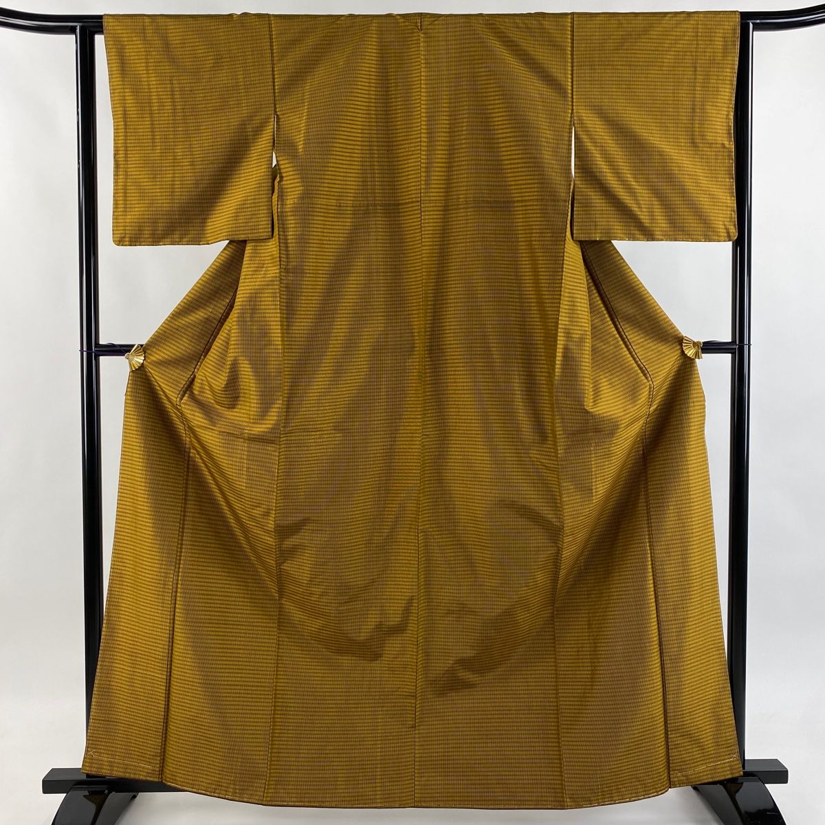 紬 身丈163.5cm 裄丈62.5cm S 袷 縞 山吹茶色 正絹