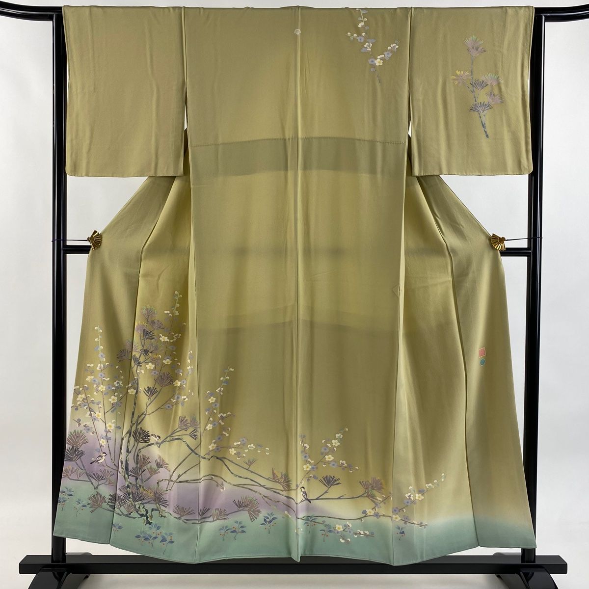訪問着 身丈152.5cm 裄丈64cm M 袷 百貫華峰 落款 松梅 鳥 薄黄土色 正絹 一つ紋