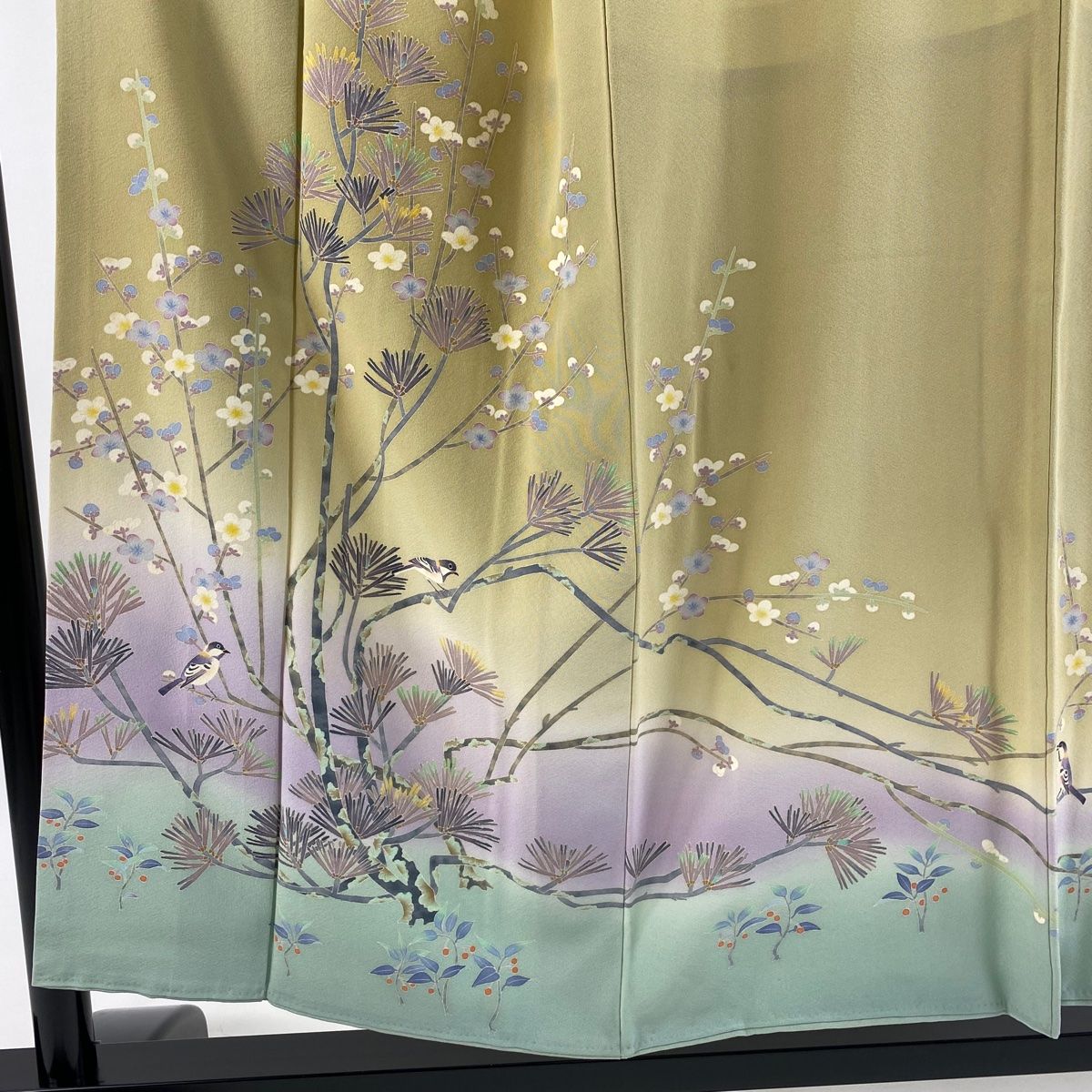 訪問着 身丈152.5cm 裄丈64cm M 袷 百貫華峰 落款 松梅 鳥 薄黄土色 正絹 一つ紋 MERCADOAVALIA_COM_BR
