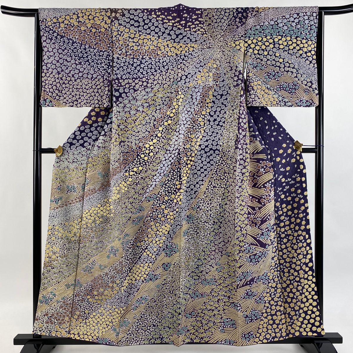 訪問着 身丈157cm 裄丈65cm M 袷 草花 波 銀通し 絞り 紫 正絹