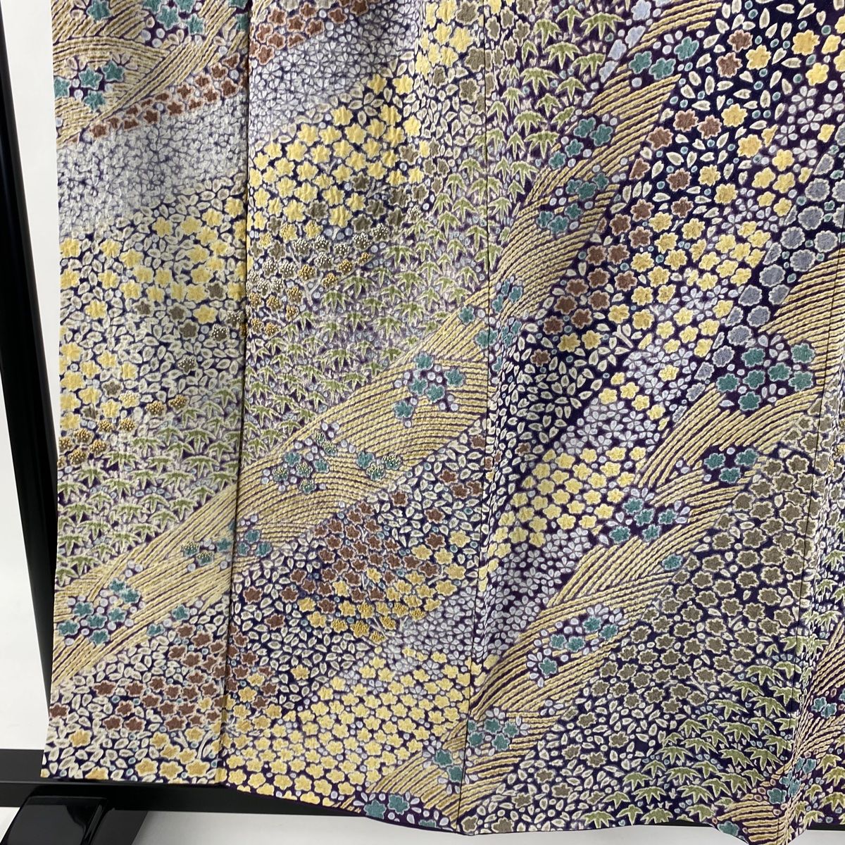 訪問着 身丈157cm 裄丈65cm M 袷 草花 波 銀通し 絞り 紫 正絹