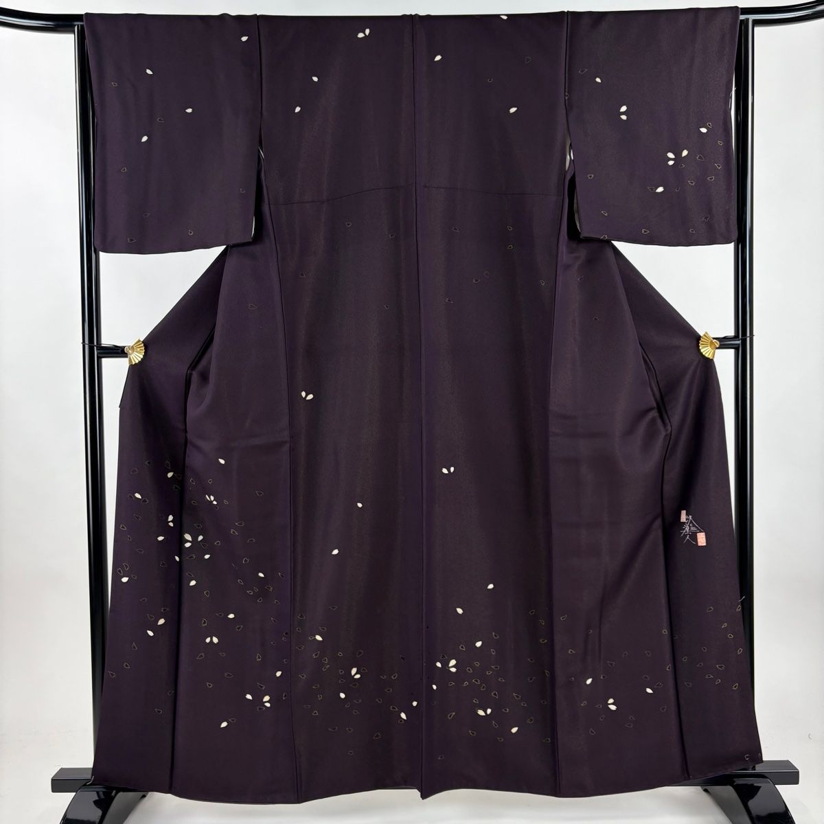 訪問着 身丈159.5cm 裄丈64cm M 袷 洛楽人 落款 花びら 金通し 銀彩 濃紫 正絹