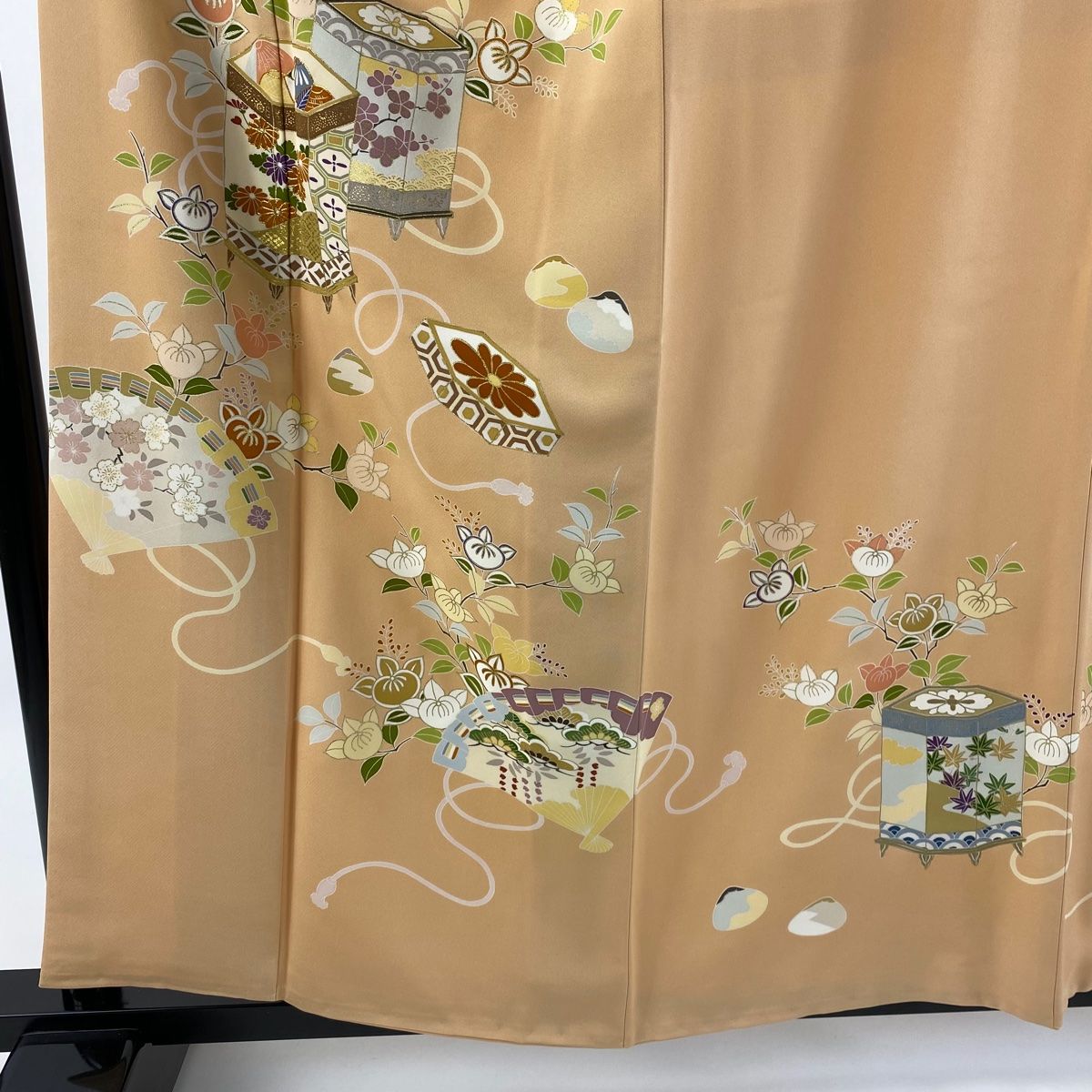 訪問着 身丈157cm 裄丈63cm S 袷 千總 落款 貝桶 桧扇 金糸 金彩 薄オレンジ 正絹 一つ紋