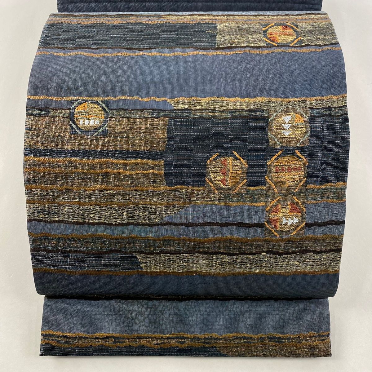 【美品】 袋帯 名品 段縞 幾何学 金糸 青灰色 六通 正絹 【】