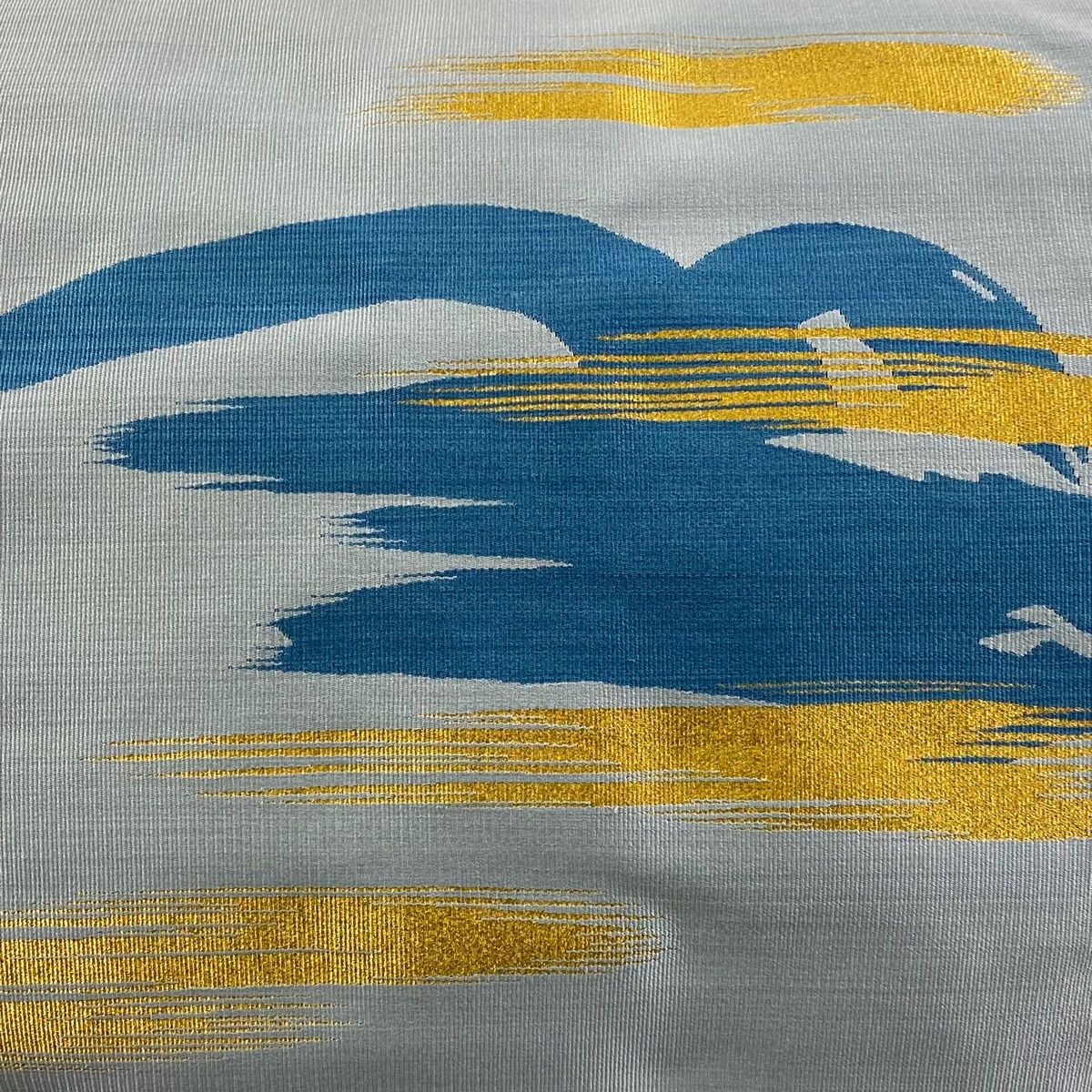 名古屋帯 落款 伊達静 霞 幾何学 金糸 灰緑 正絹