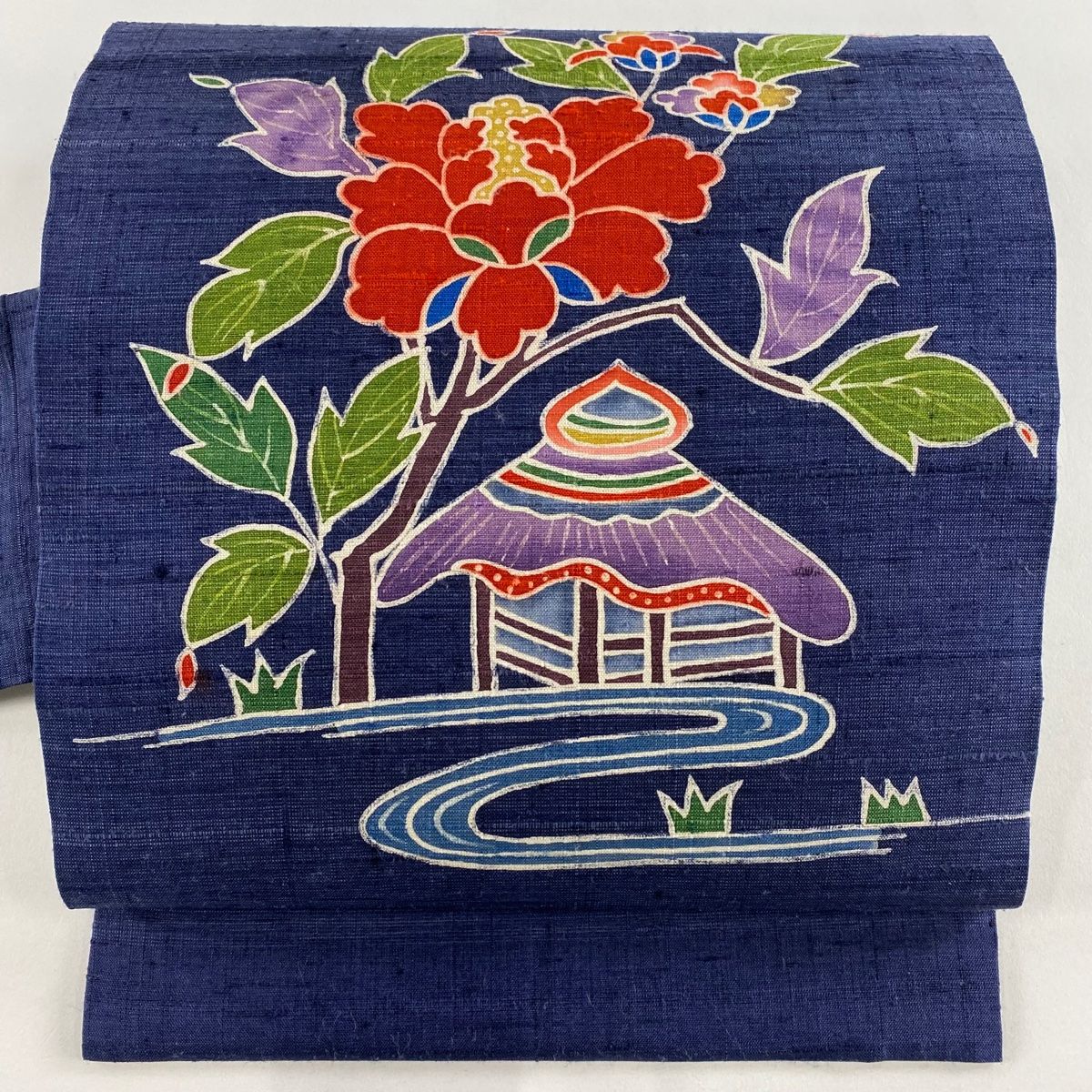 名古屋帯 落款 家屋 草花 紺色 正絹