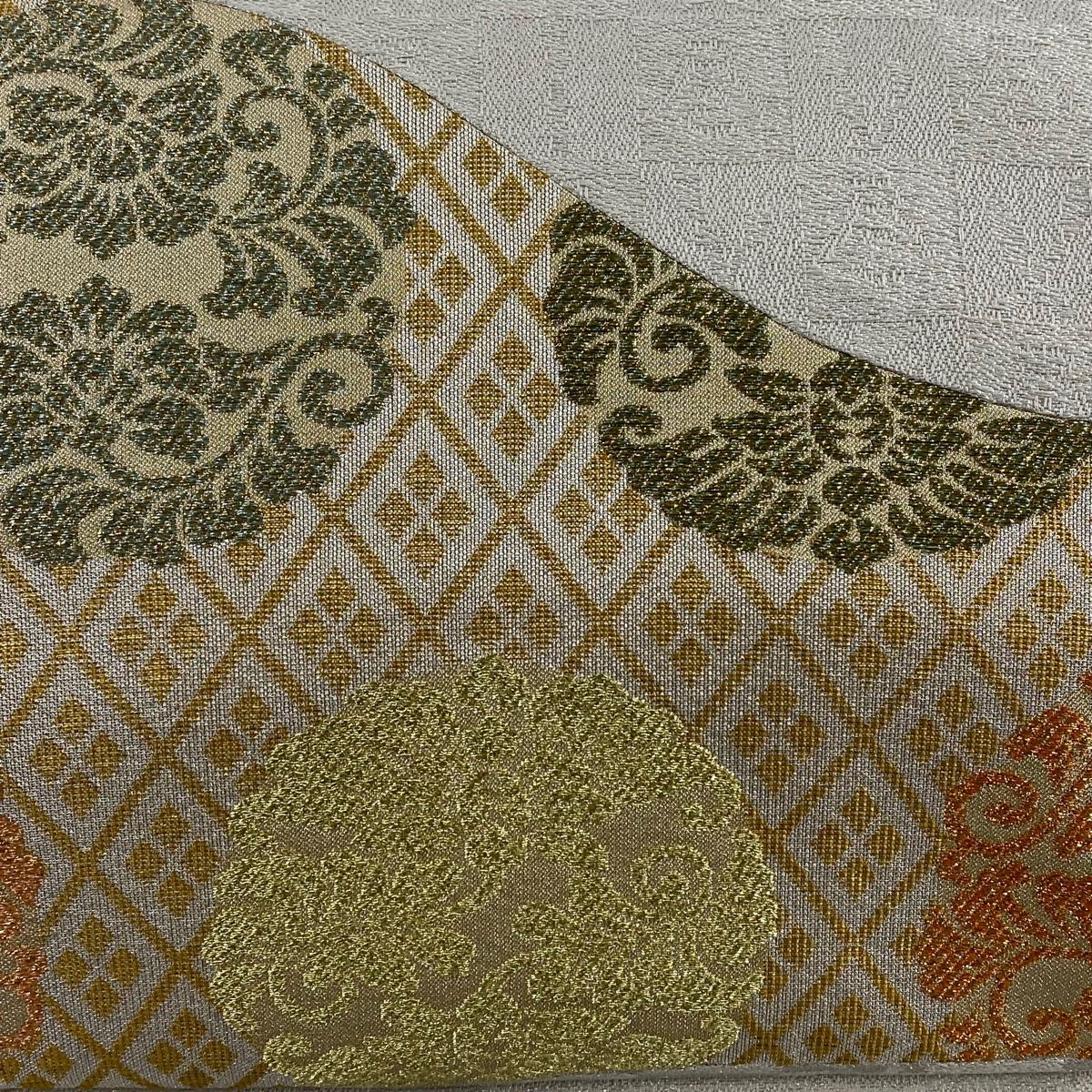 名古屋帯 菱 草花 金銀糸 灰色 正絹