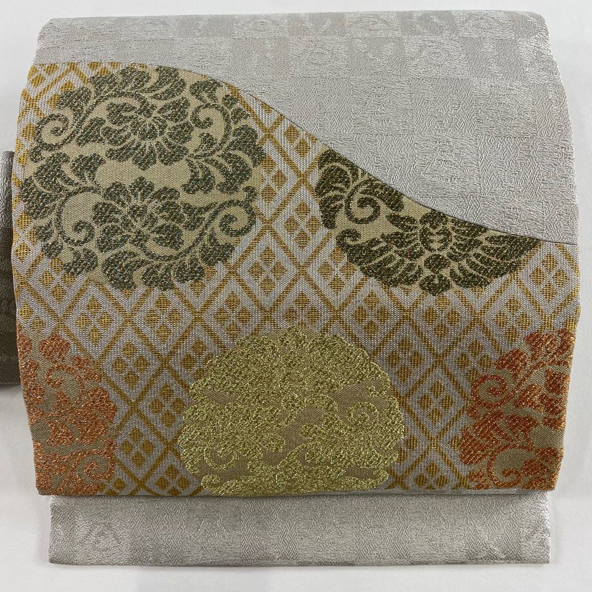 名古屋帯 菱 草花 金銀糸 灰色 正絹