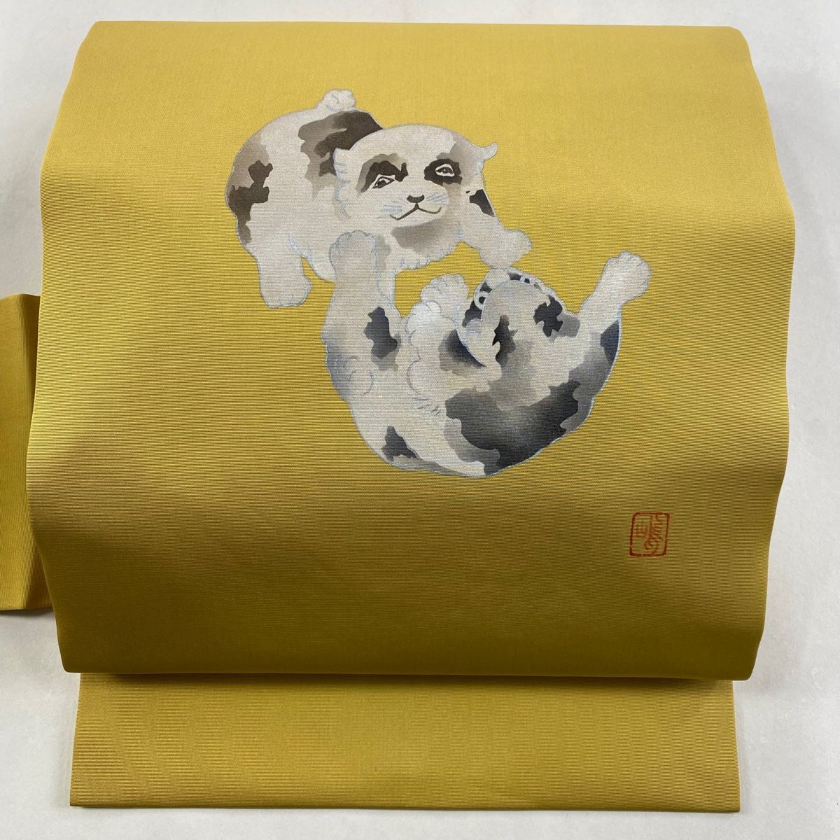 名古屋帯 落款 犬 銀彩 山吹色 正絹