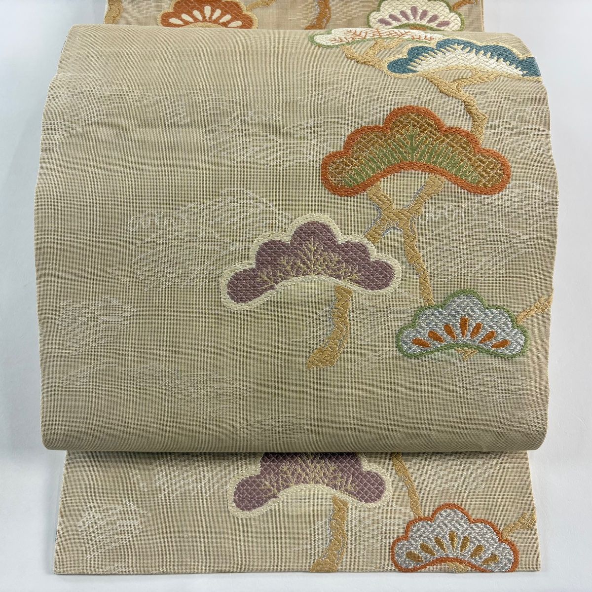 丸帯 松 波 金銀糸 ベージュ 全通 正絹