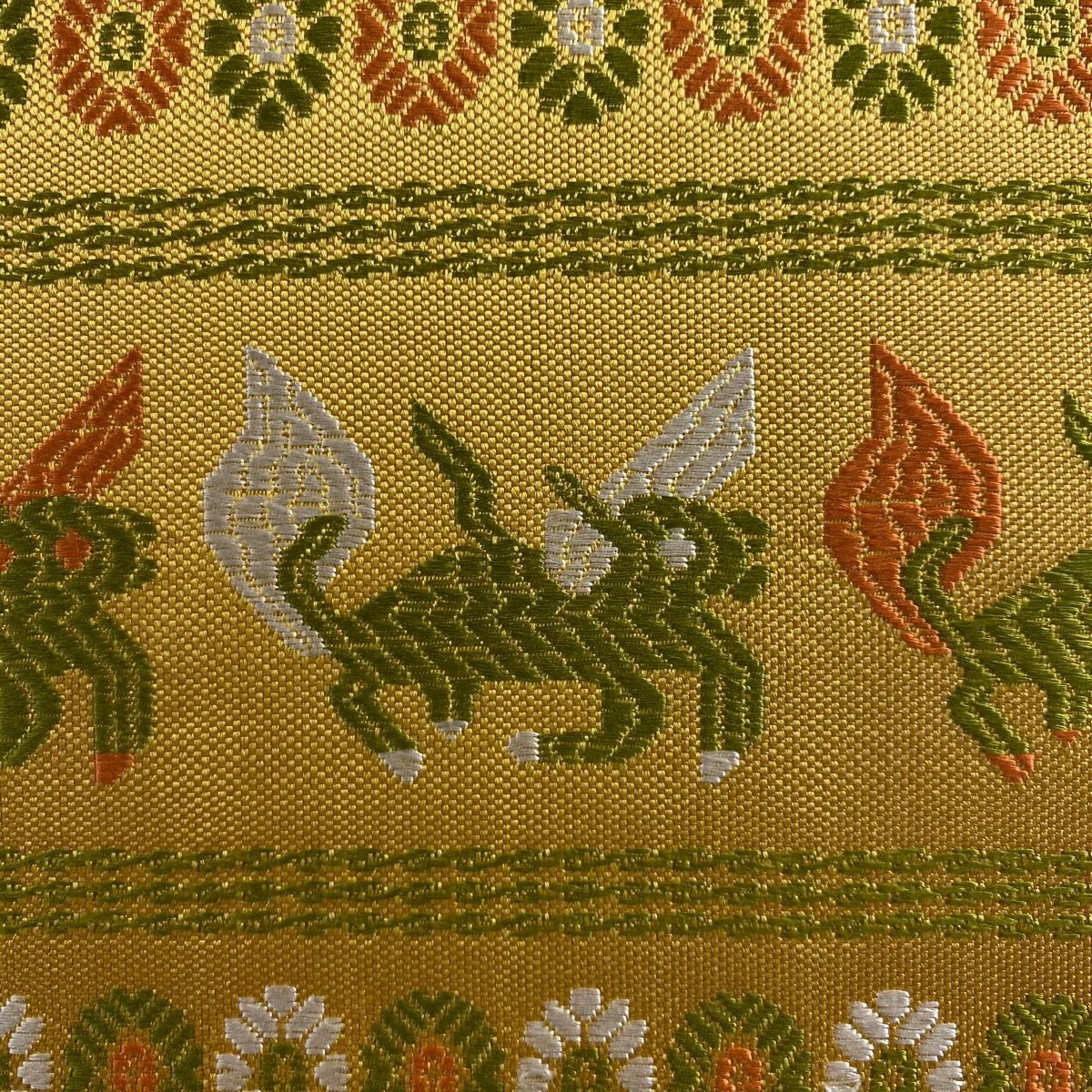 開き名古屋帯 秀品 花 動物 山吹色 正絹