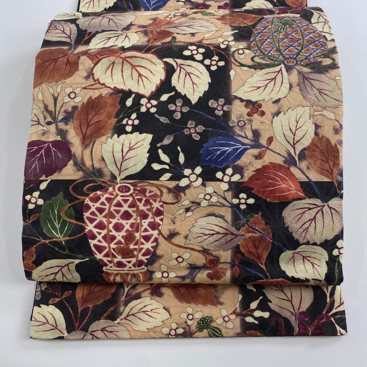 袋名古屋帯 秀品 器物 枝花 ベージュ 正絹