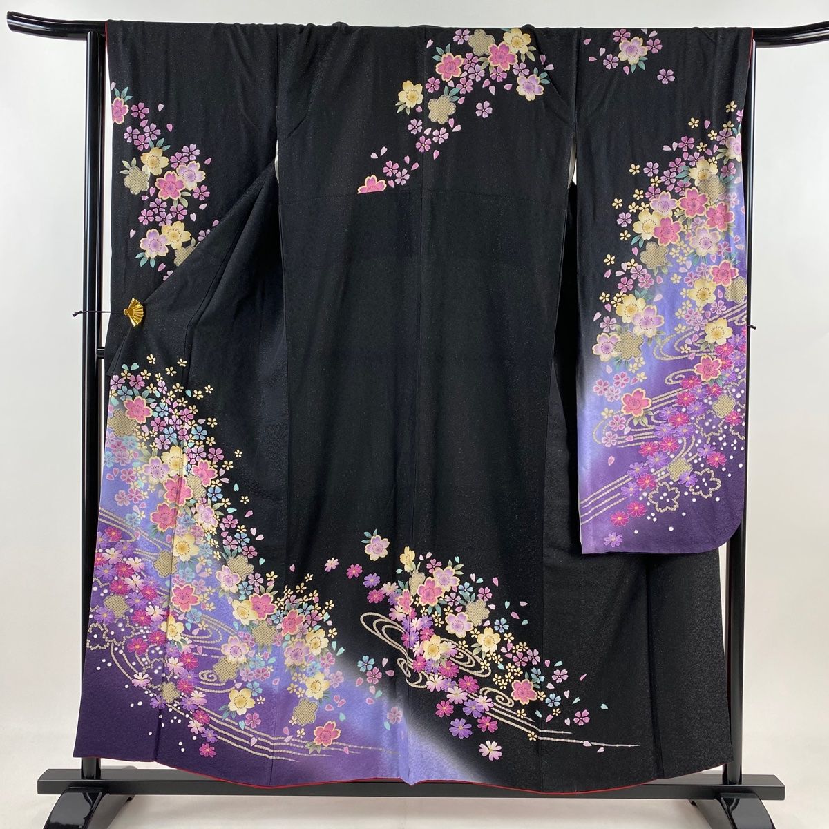 振袖 身丈155.5cm 裄丈66.5cm M 袷 桜 流水 銀通し 箔 黒 正絹