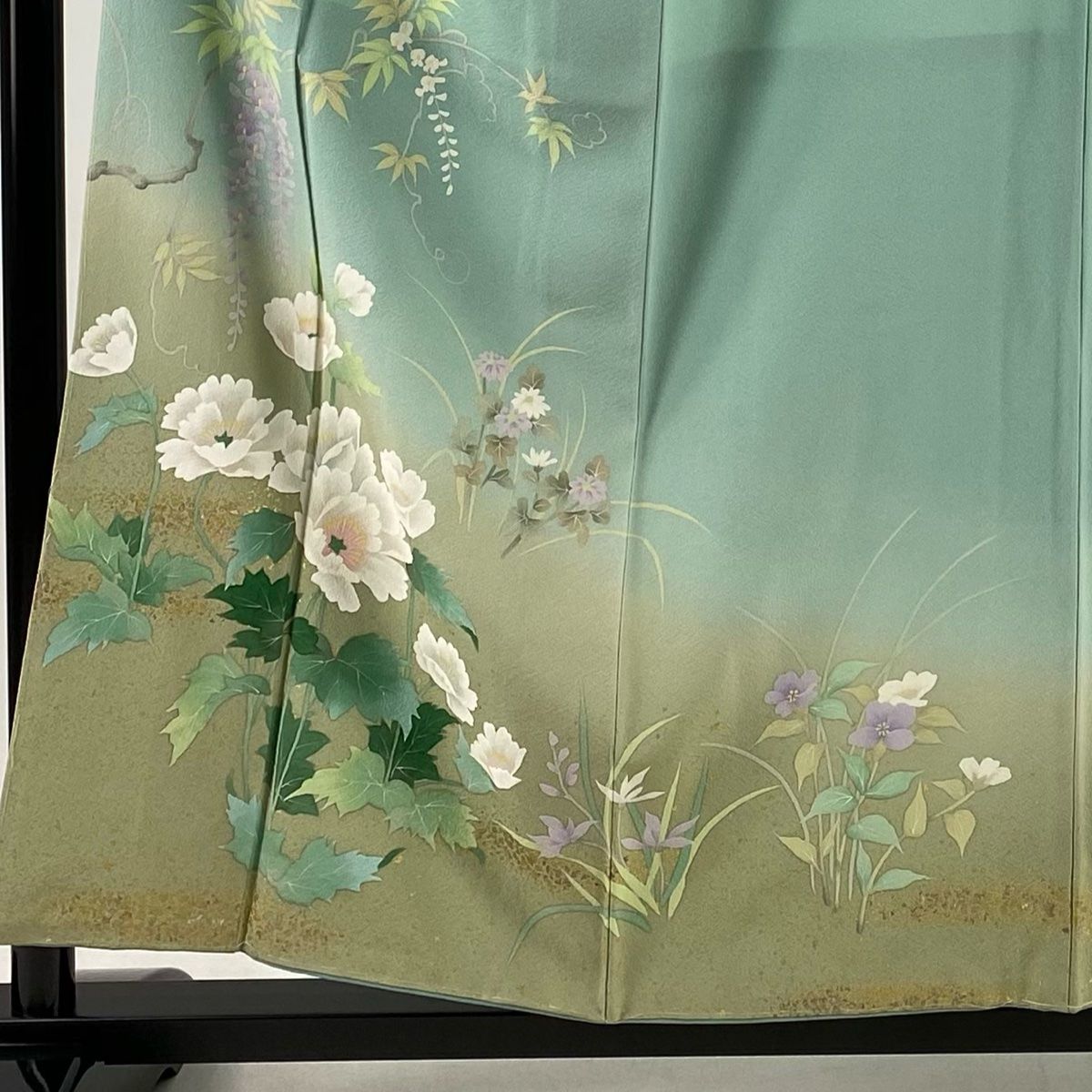 訪問着 身丈156.5cm 裄丈63cm S 袷 落款 草花 藤 金彩 染め分け 薄緑 正絹