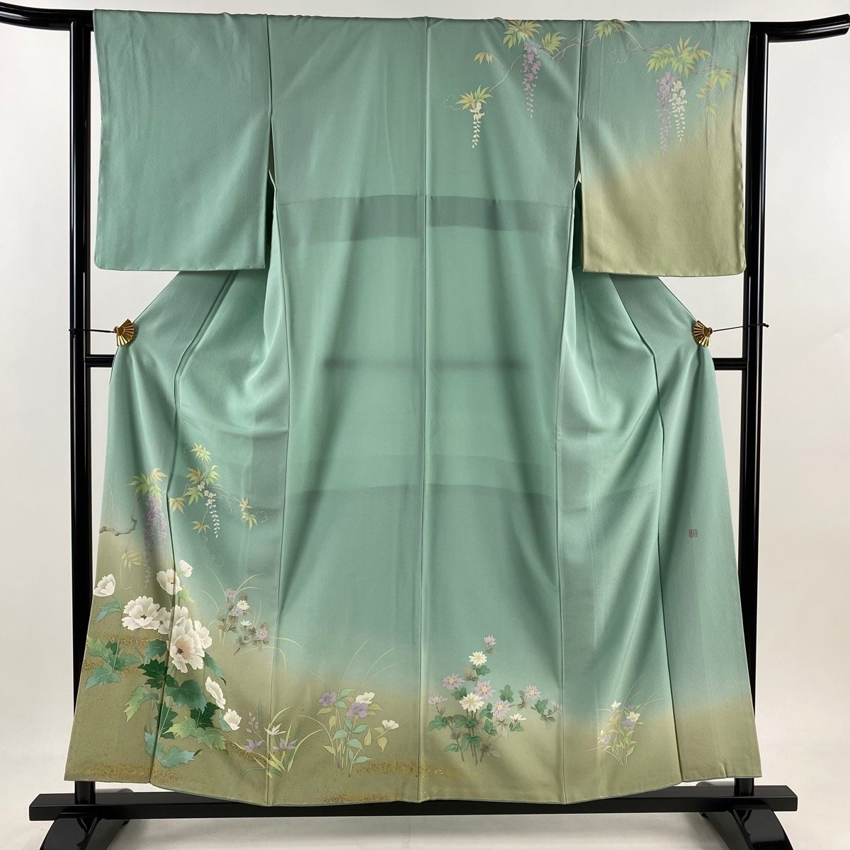 訪問着 身丈156.5 cm 裄丈63 S 袷 落款 草花 藤 金彩 染め分け 薄緑 正絹