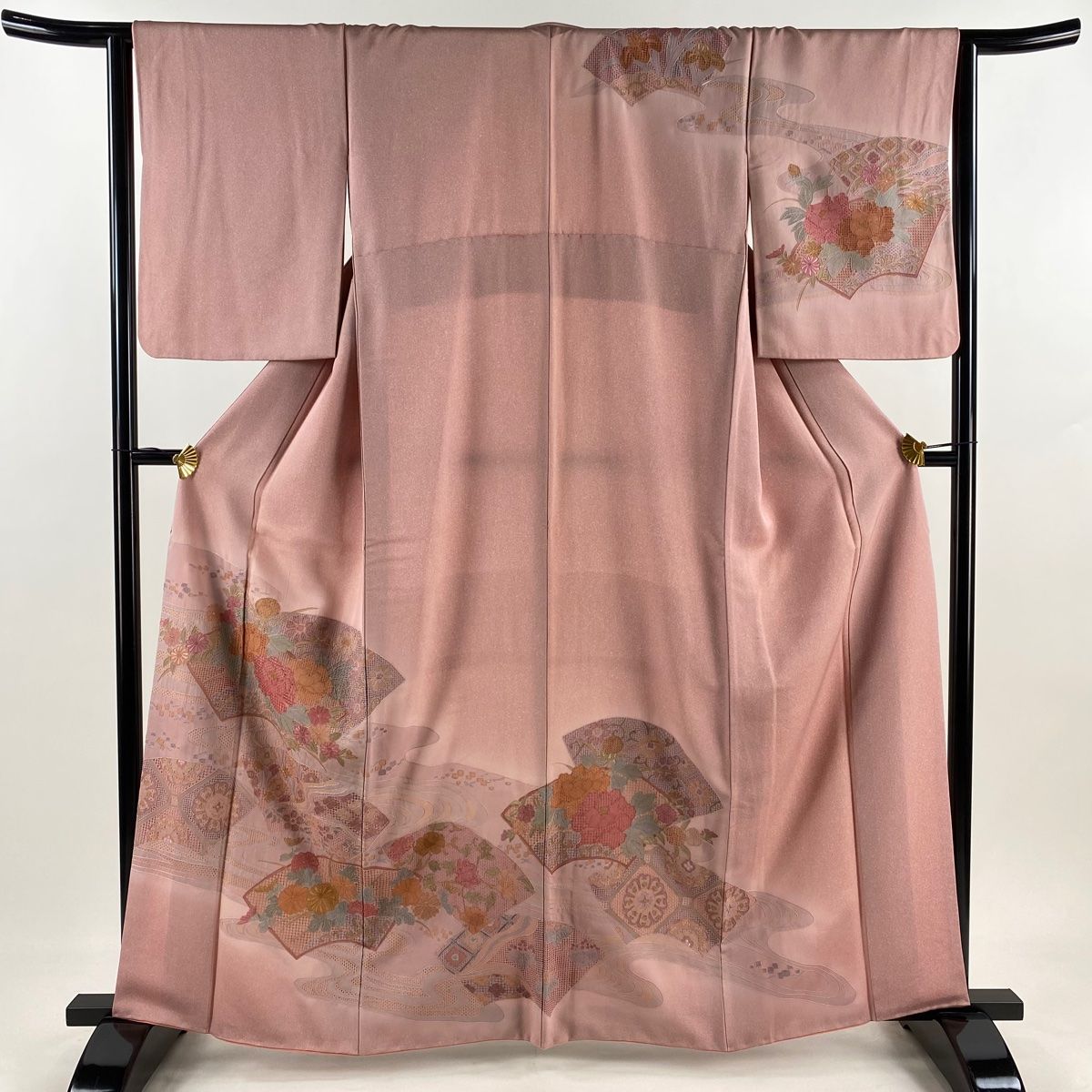 訪問着 身丈162.5cm 裄丈64cm M 袷 扇面 草花 刺繍 ピンク 正絹