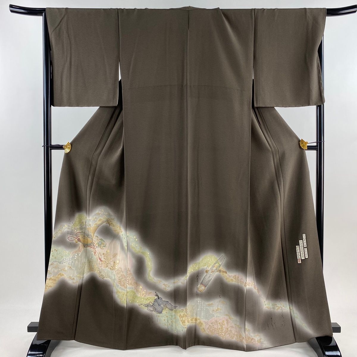 色留袖 身丈163.5cm 裄丈68cm L 袷 樽本伊勢蔵 ほていや 落款 琵琶 草花 金銀彩 ぼかし 灰茶 正絹