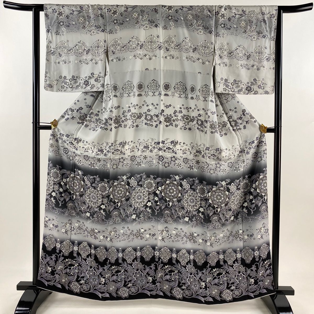 訪問着 身丈163cm 裄丈63.5cm S 袷 華文 更紗 金彩 ぼかし 灰色 正絹