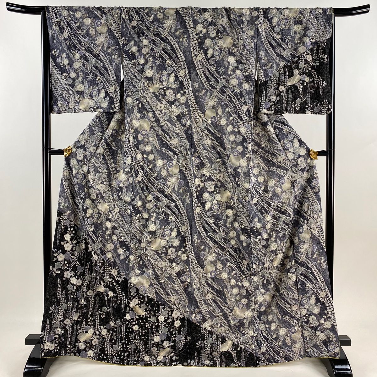 訪問着 身丈168.5cm 裄丈66cm M 袷 扇面 辻が花 金彩 ぼかし 青灰色 正絹