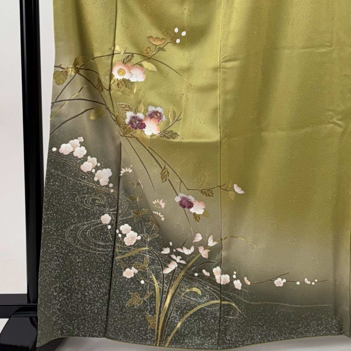 訪問着 身丈163.5cm 裄丈65cm M 袷 枝花 流水 金銀彩 螺鈿 薄黄土色 正絹