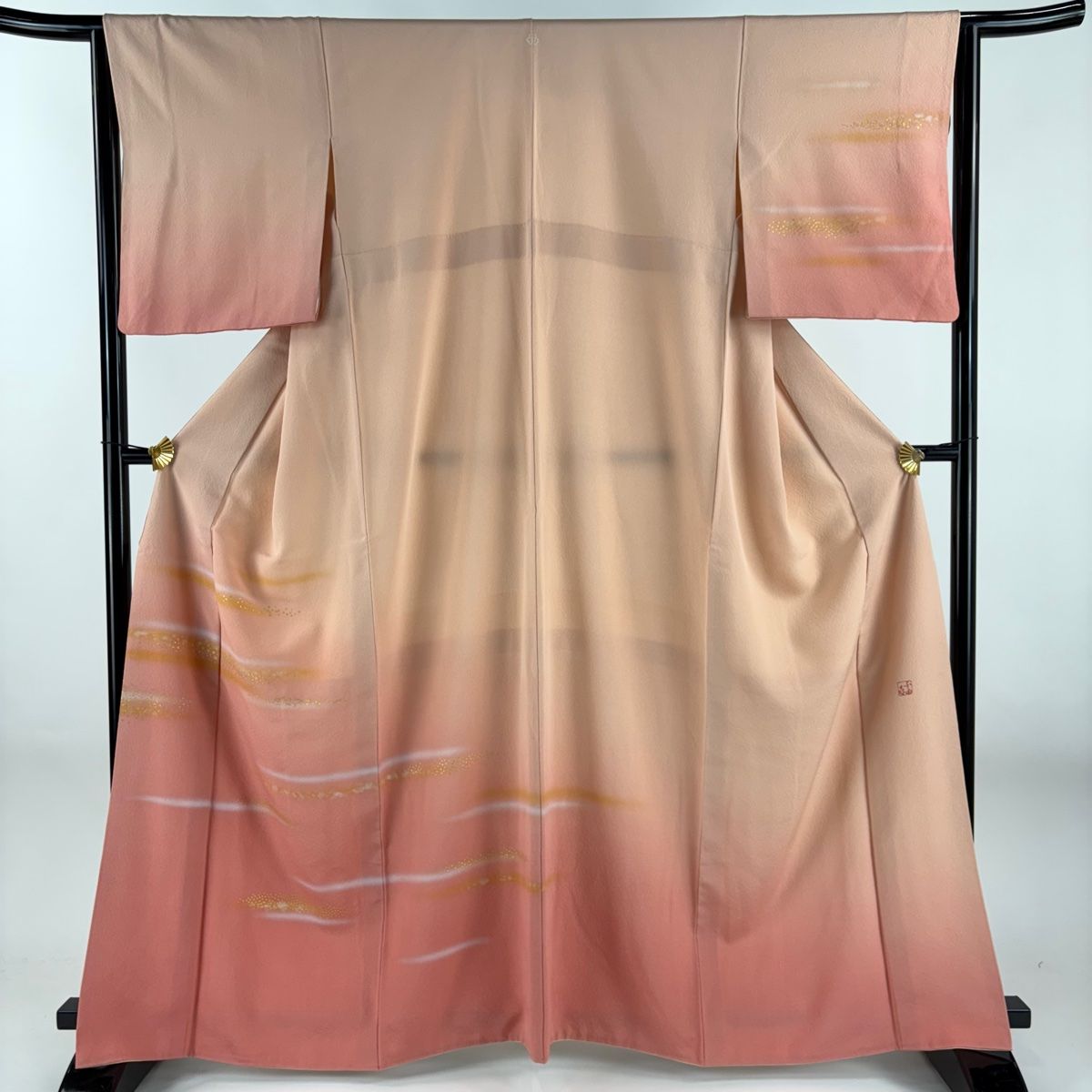 訪問着 身丈163.5cm 裄丈64cm M 袷 人間国宝 福田喜重 落款 霞 箔散らし 金銀彩 ぼかし 薄ピンク 正絹 一つ紋