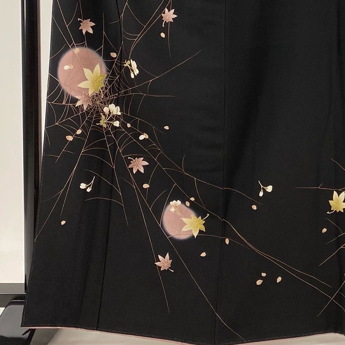 訪問着 身丈166cm 裄丈64cm M 袷 蜘蛛の巣 桜楓 ぼかし 黒 正絹