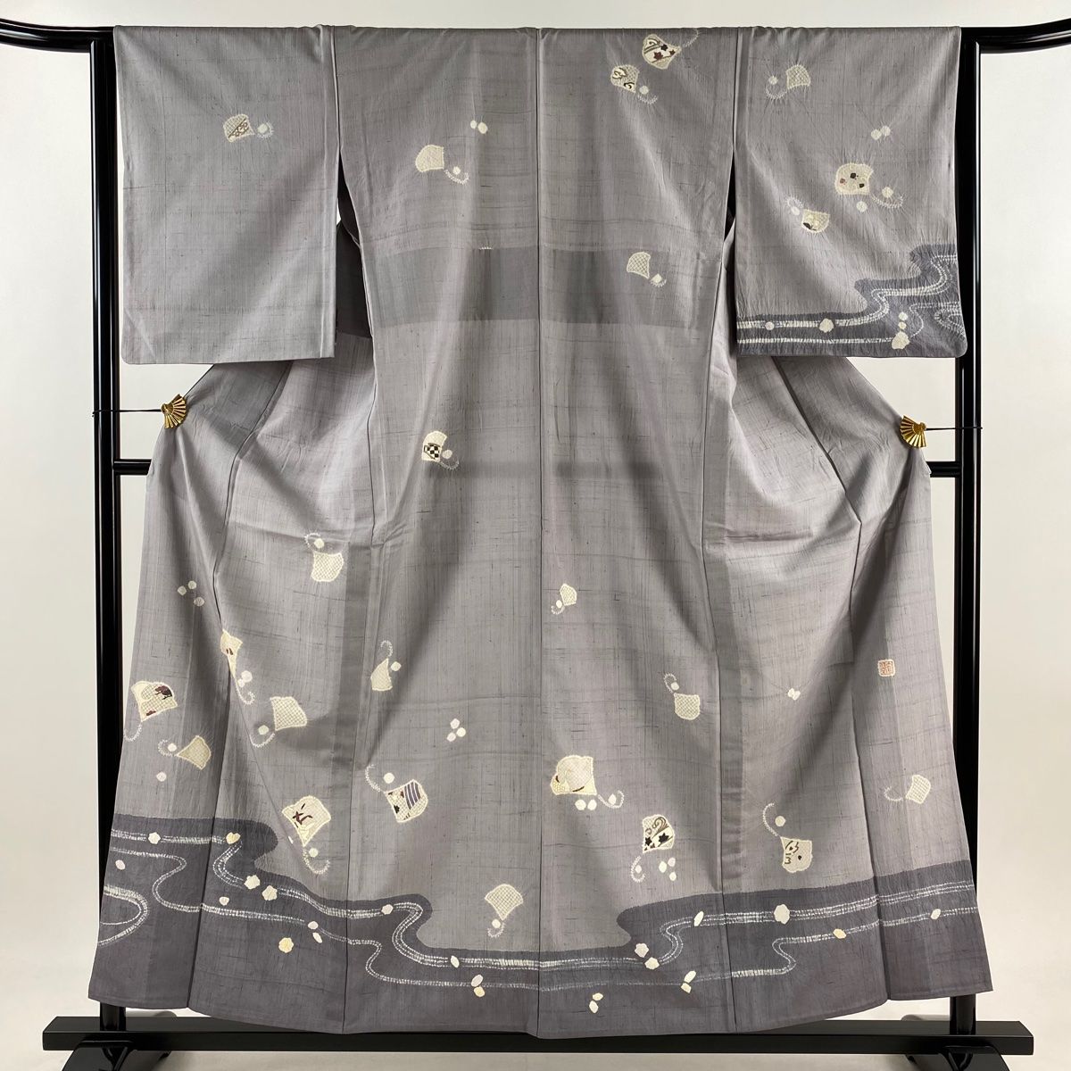 訪問着 身丈157.5cm 裄丈63.5cm S 単衣 紬地 奇翠青柳 落款 銀杏 流水 絞り 金彩 灰紫 正絹