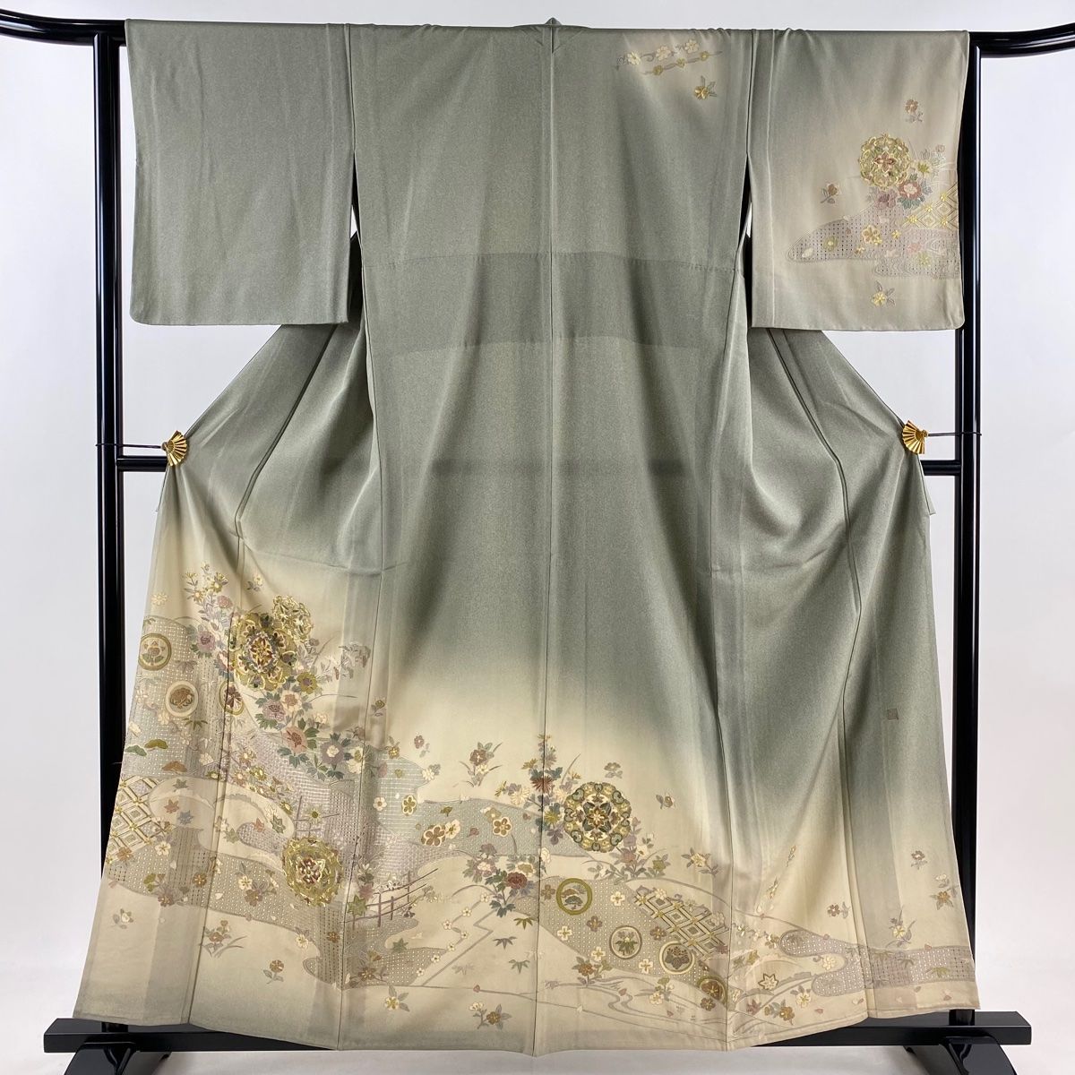 訪問着 身丈160.5cm 裄丈64cm M 単衣 華文 草花 刺繍 金糸 灰緑 正絹