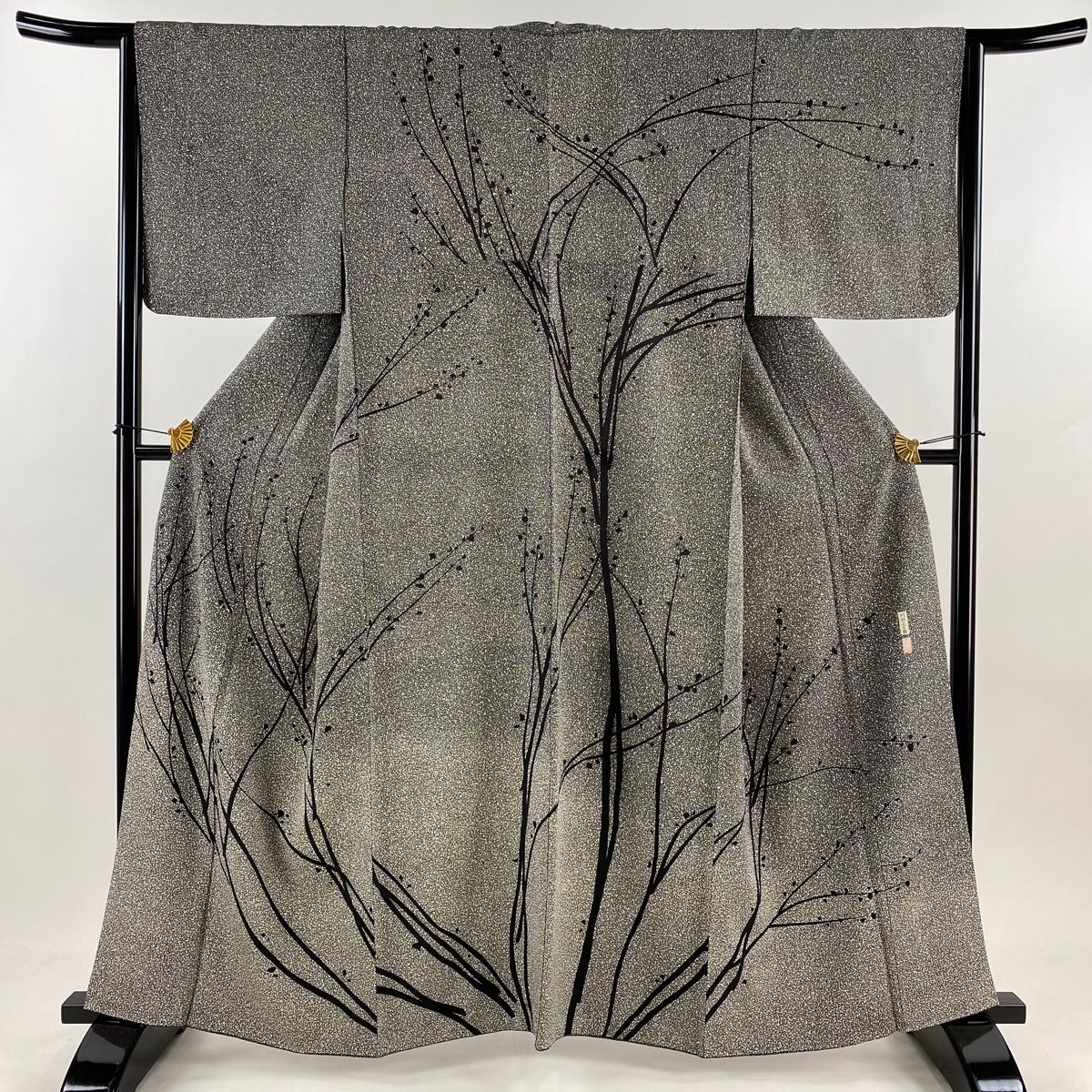 訪問着 身丈160cm 裄丈64cm M 袷 川村久太郎 落款 樹木 幾何学模様 黒灰 正絹