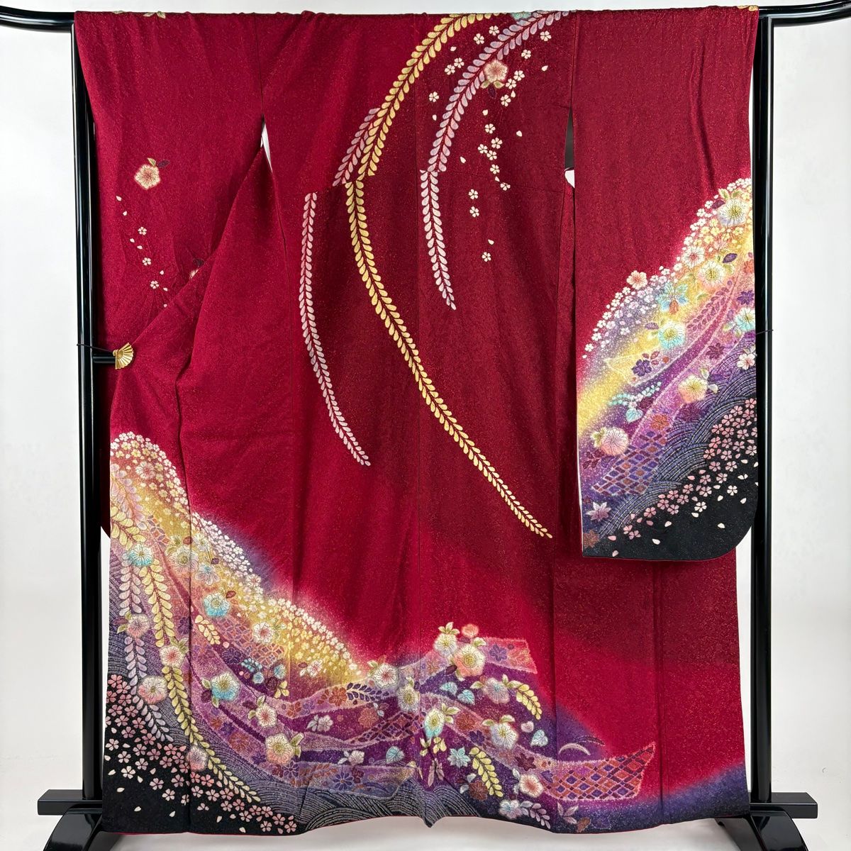 振袖 身丈161cm 裄丈65.5cm M 袷 辻が花 波 金通し 金彩 赤 正絹