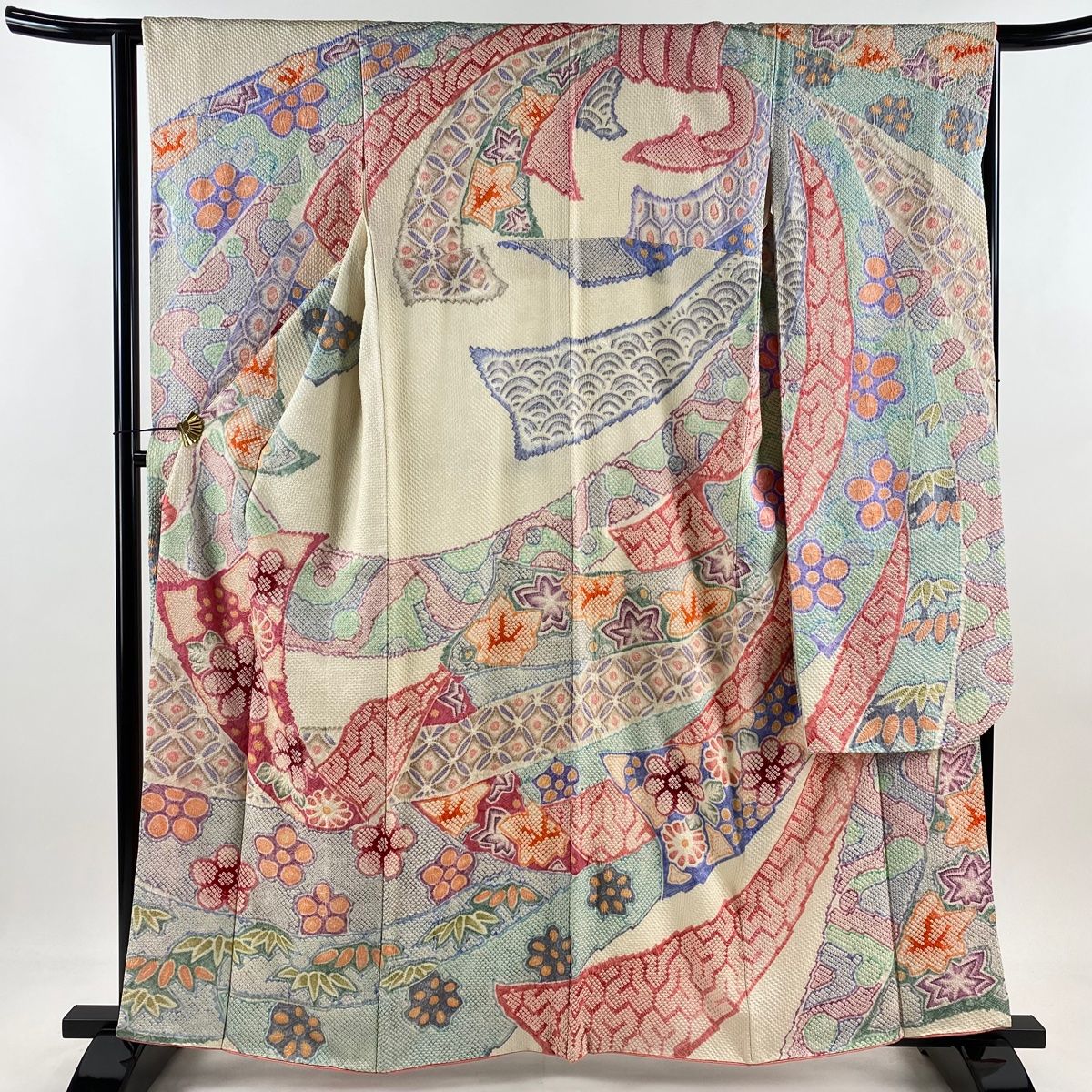 振袖 身丈161cm 裄丈64.5cm M 袷 草花 七宝 総絞り クリーム 正絹