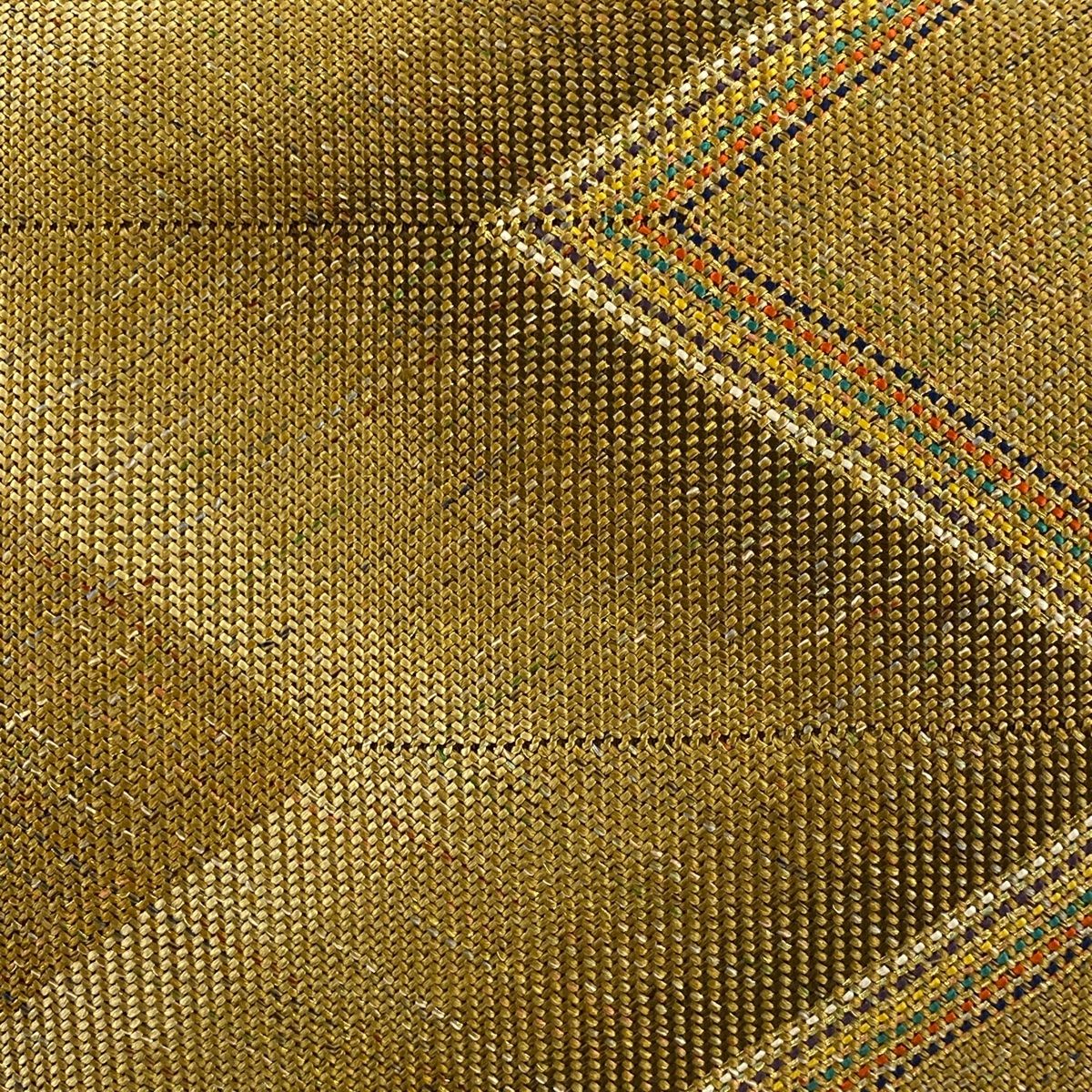 名古屋帯 秀品 八寸名古屋帯 松葉仕立て 幾何学模様 金糸 黄土色 正絹