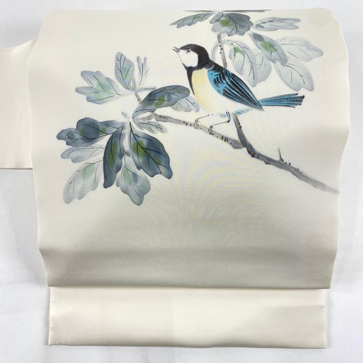 名古屋帯 秀品 落款 鳥 枝葉 クリーム 正絹