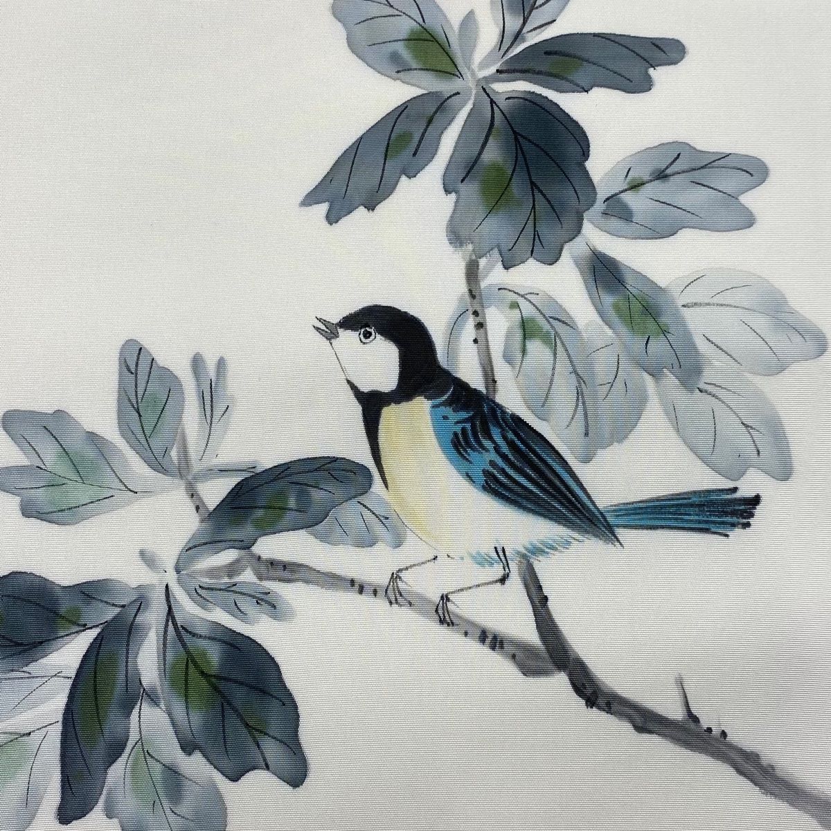 名古屋帯 秀品 落款 鳥 枝葉 クリーム 正絹