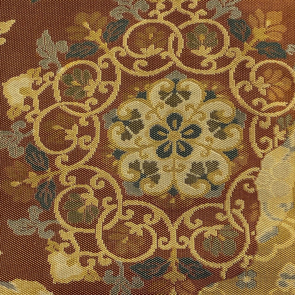 名古屋帯 秀品 向かい鳥 華文 薄黄土色 正絹