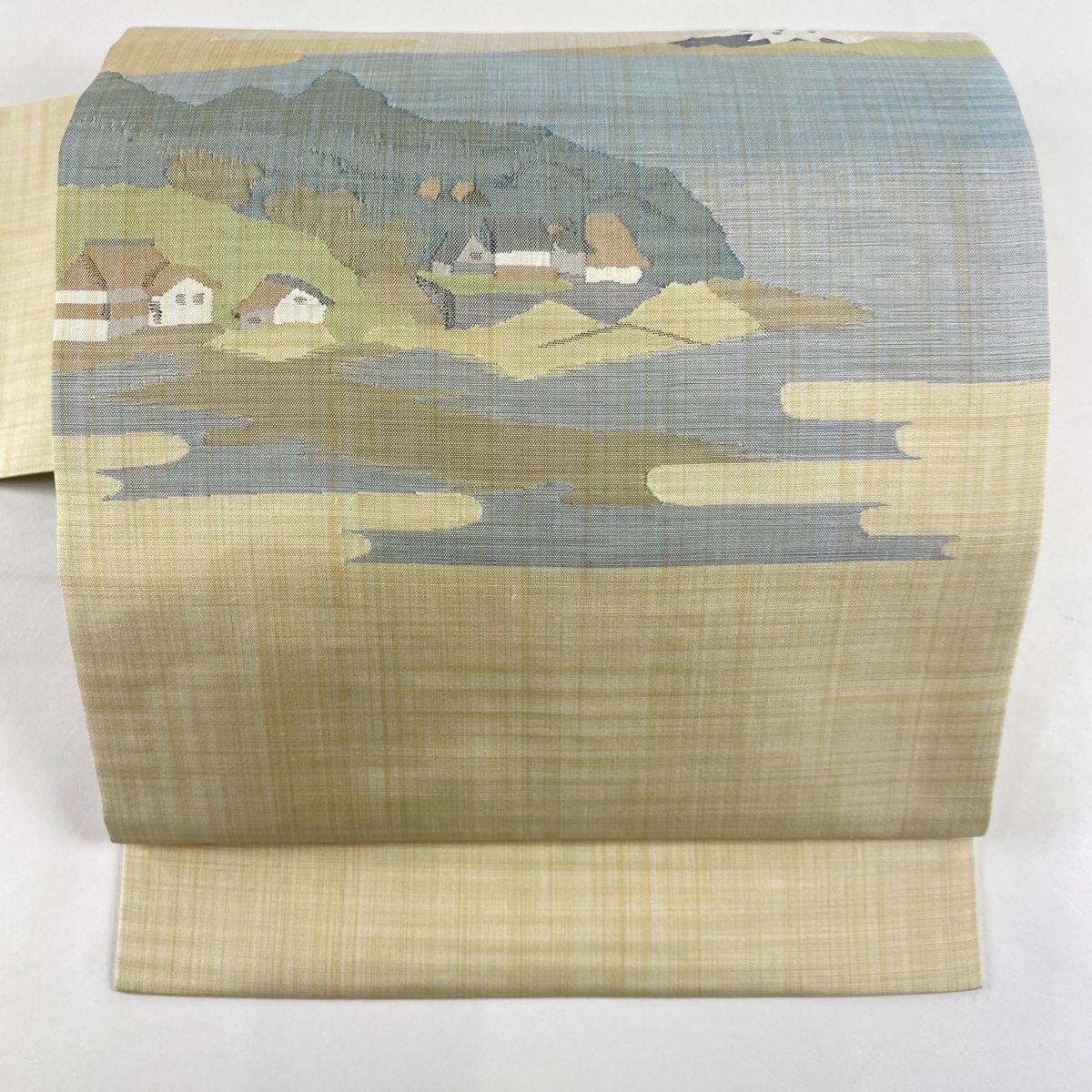名古屋帯 秀品 紬地 風景 家屋 ベージュ 正絹